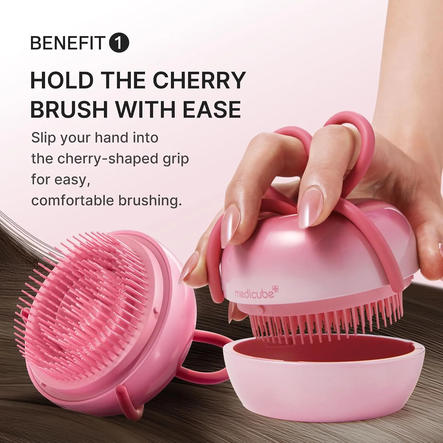 medicube Ribbon Cherry Hair Brush, Detangler for Glass Hair, Pink
