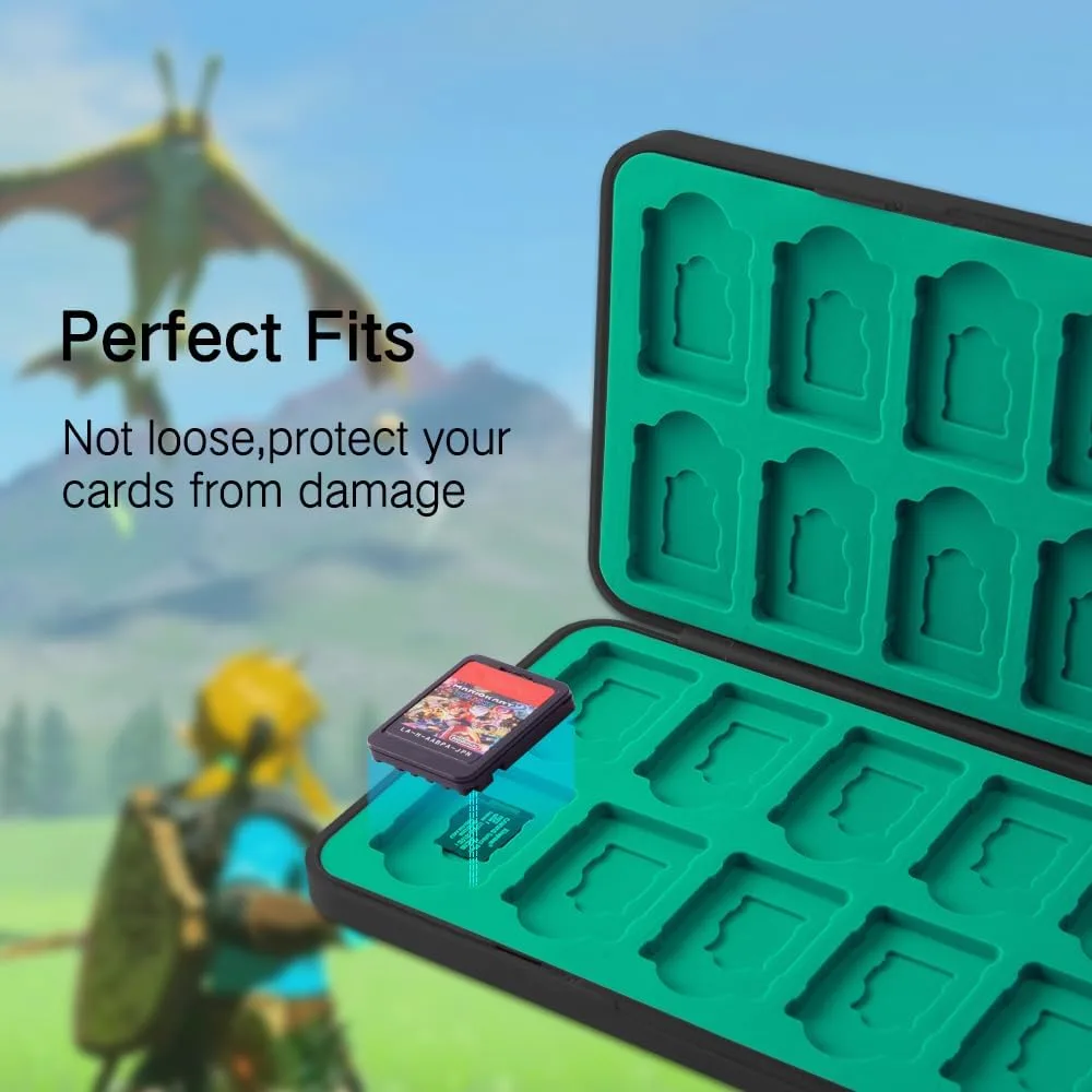 PERFECTSIGHT 48 Switch Game Card Case for Nintendo Switch OLED/ Lite, Cute Switch 2 Game Holder Cartridge Case for Game Cards and SD Cards, Kawaii Portable Compact Storage Box, Black Kingdom