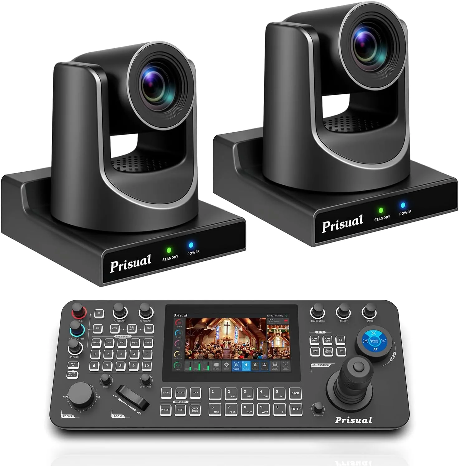Prisual PTZ Camera System Gen 5, 30X Optical Zoom, Advanced AI Auto Tracking, PoE HDMI SDI Bundle PTZ for Church Worship,NDI PTZ Controller, (PTZ Bundle TEM-30S PROx2+PRO AI Joy)