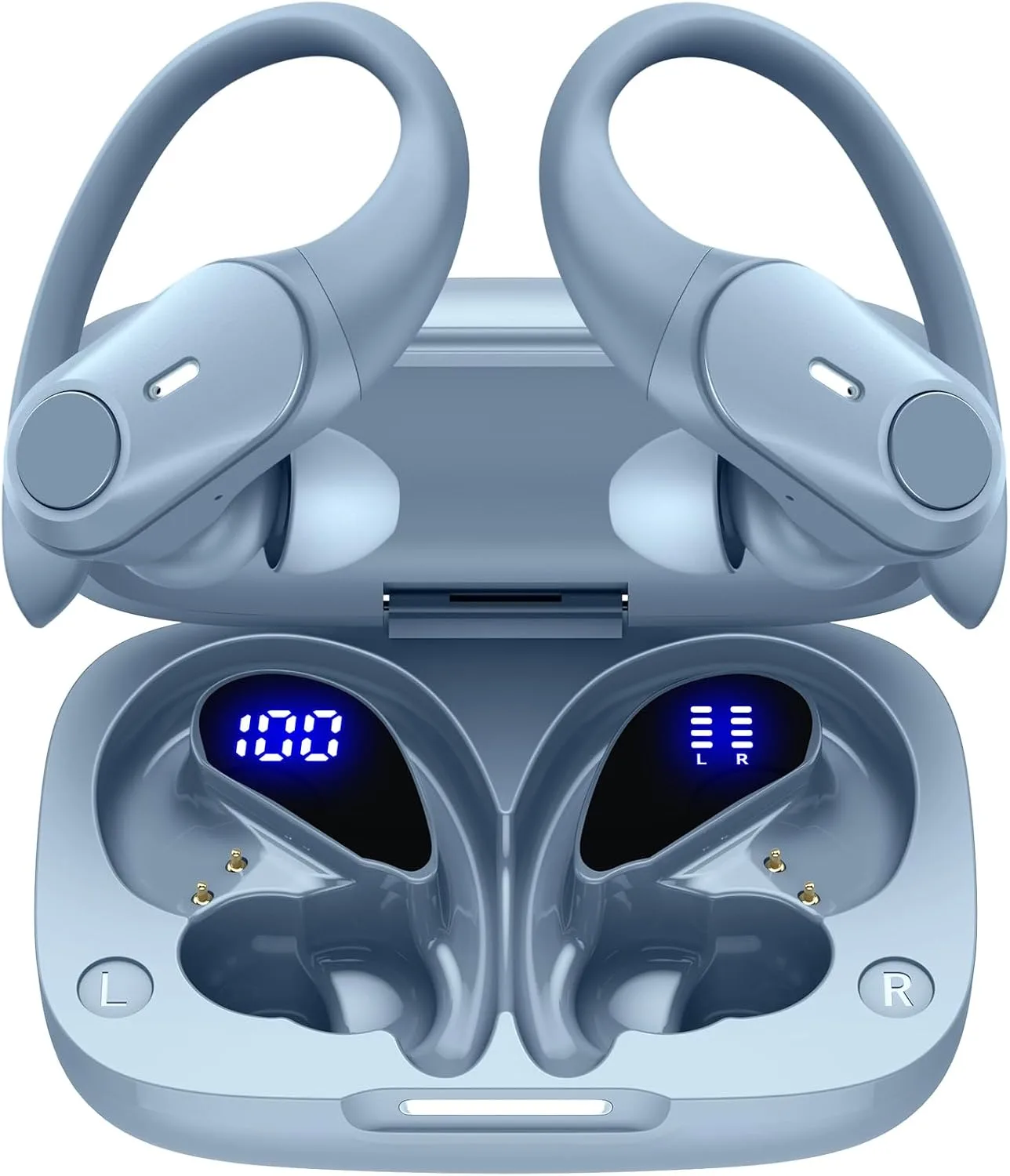 Active Noise Cancelling Ear Buds Wireless Bluetooth Headphones 80H Playtime Display Charging Case 50dB ANC Over Earhooks Earbuds with Hi-Res Sound Clear Calls for Sport Running Gym Workout Sierra Blue