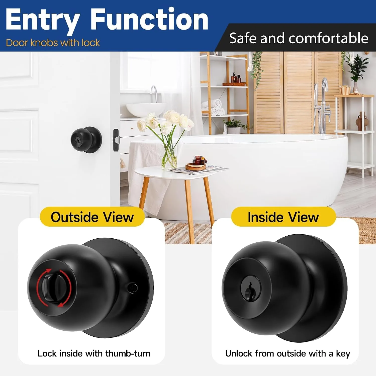 Keyed Entry Door Knob with Lock, Door Lock with Key, Matte Black