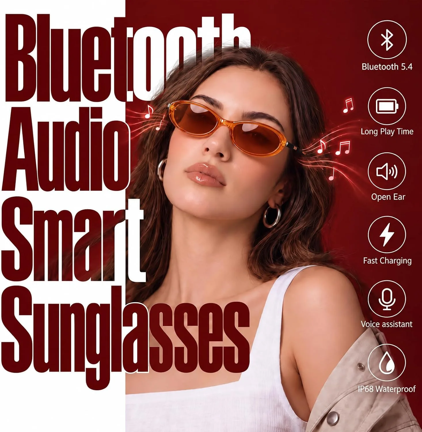 Bluetooth Audio Smart Glasses for Women Men, Polarized Bluetooth Sunglasses with Open Ear Speaker, Voice Control, Magnetic Charging, Brown