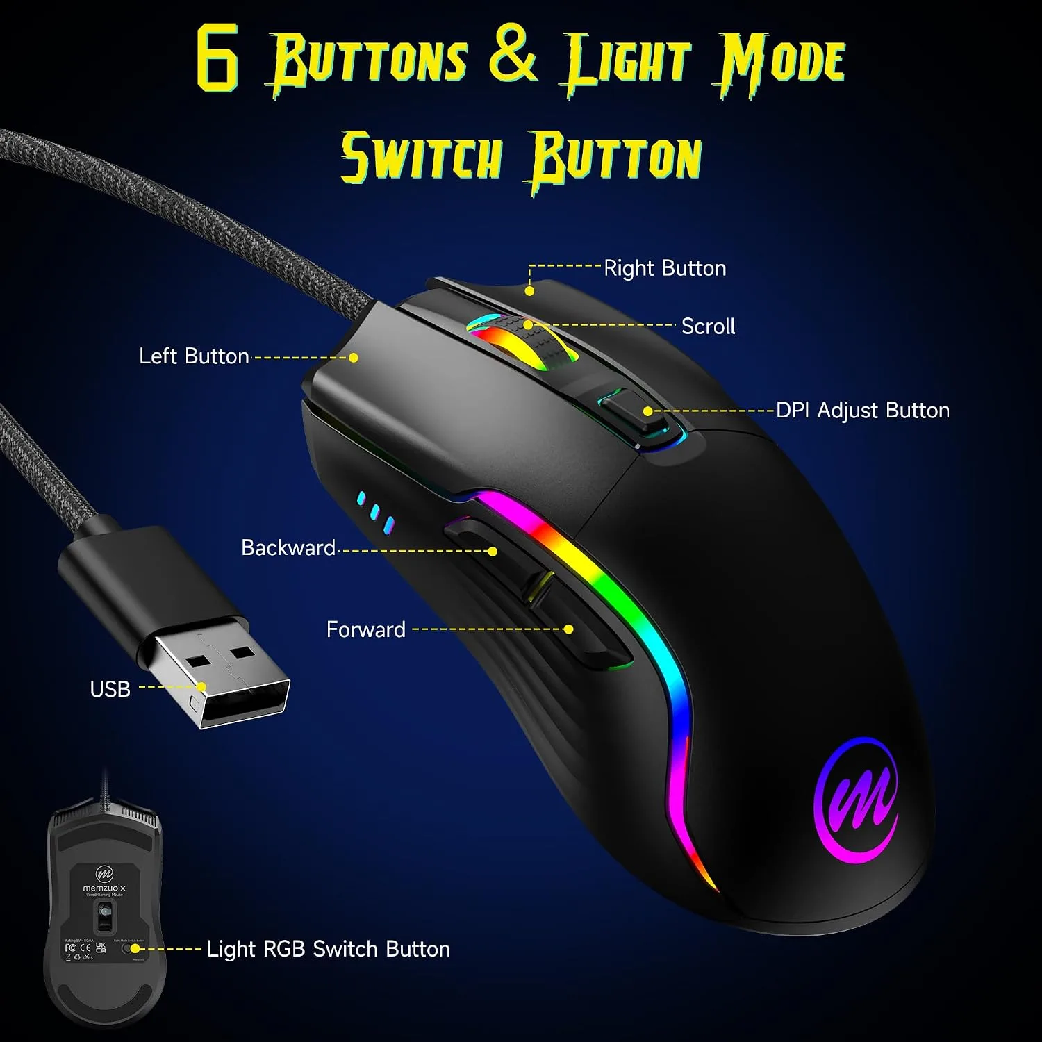 memzuoix Wired Gaming Mouse with RGB - 6 Adjustable DPI up to 12800, 6 Buttons, 12 Lighting Modes, Ergonomic Design with Anti-Slip Rubber Wheel, 5.6ft Braided Cable for PC/Mac/Windows - Black