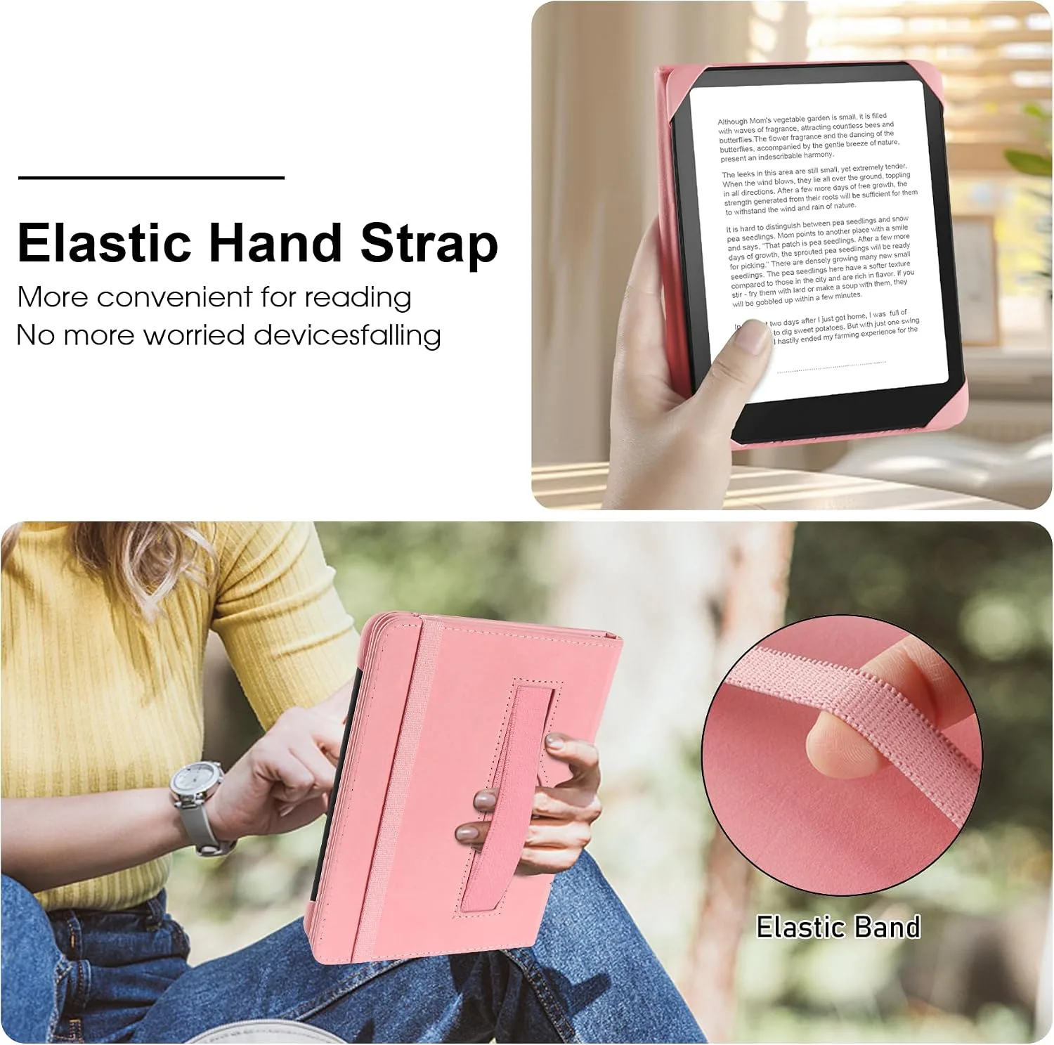 HoYiXi Universal Case for 6 inch Kindle eReader Compatible with Paperwhite(2015/2018)/Pocketbook and Tolino/Kobo Clara HD,6" eReader Protective Case Cover Elastic Rope,Pink