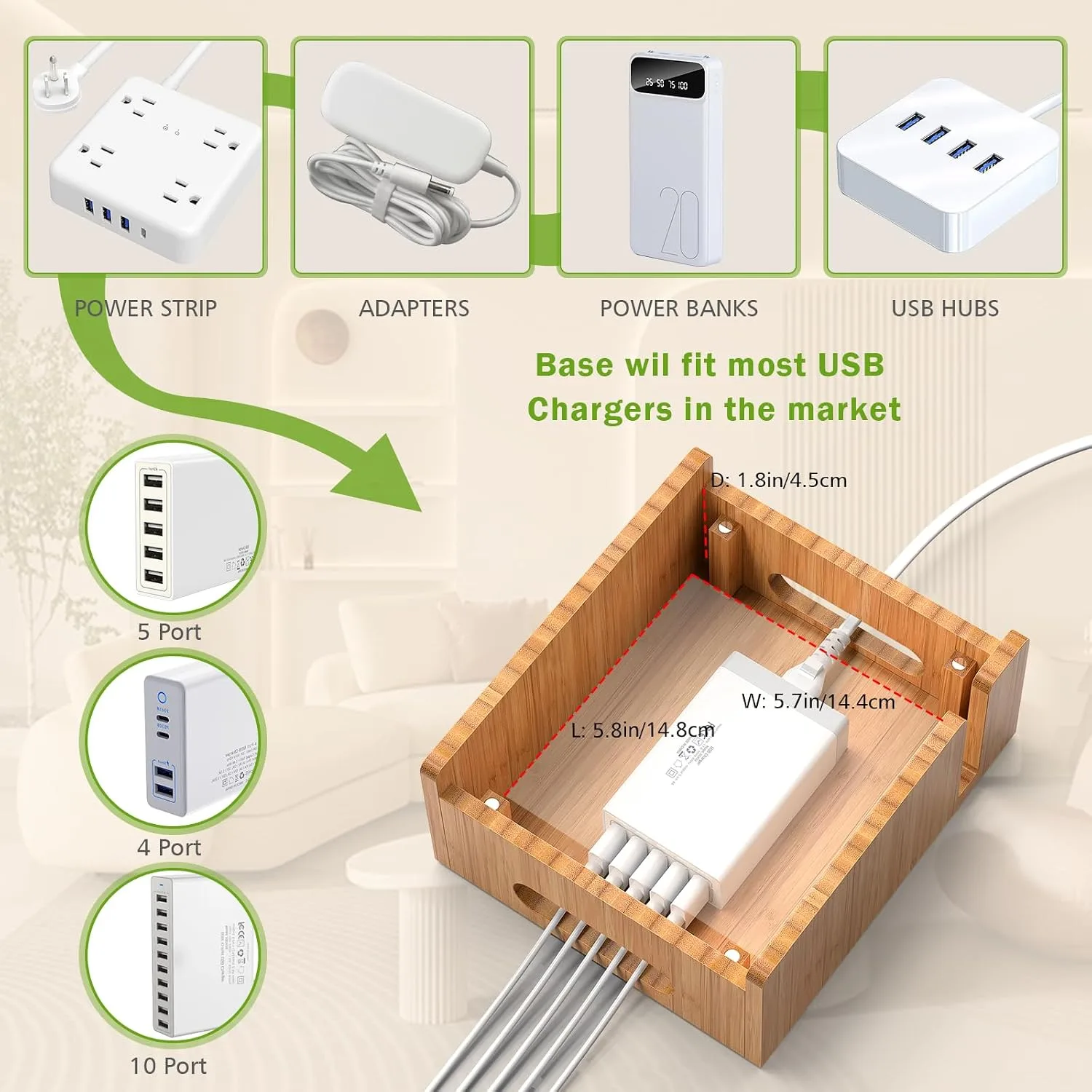 Pezin & Hulin Bamboo Charging Stand with Pack 5 Cables-Natural Bamboo