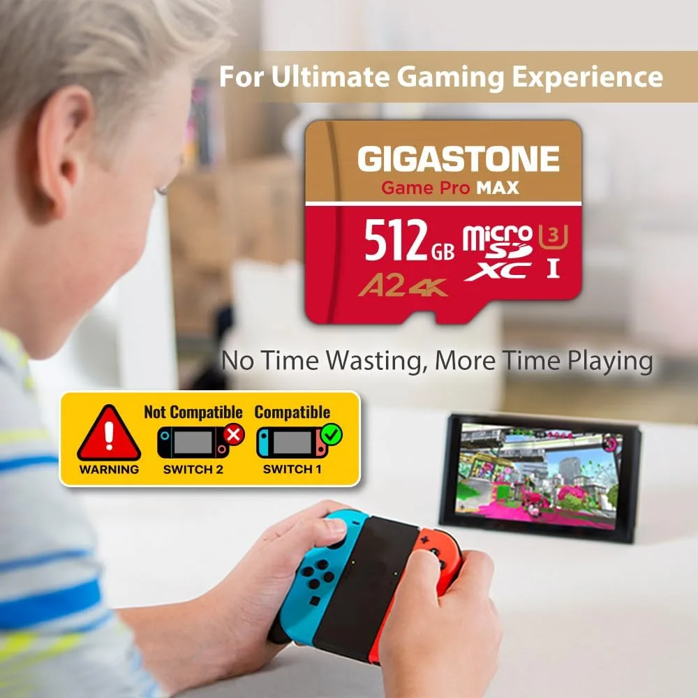 【for Switch 1 Only】 GIGASTONE 512GB Micro SD Card, 4K Game Pro MAX, A2 V30 Memory Card for Gaming Console, 4K UHD Video, Up to 170/140 MB/s, UHS-I U3 C10 with Adapter【5-Yrs Free Data Recovery】