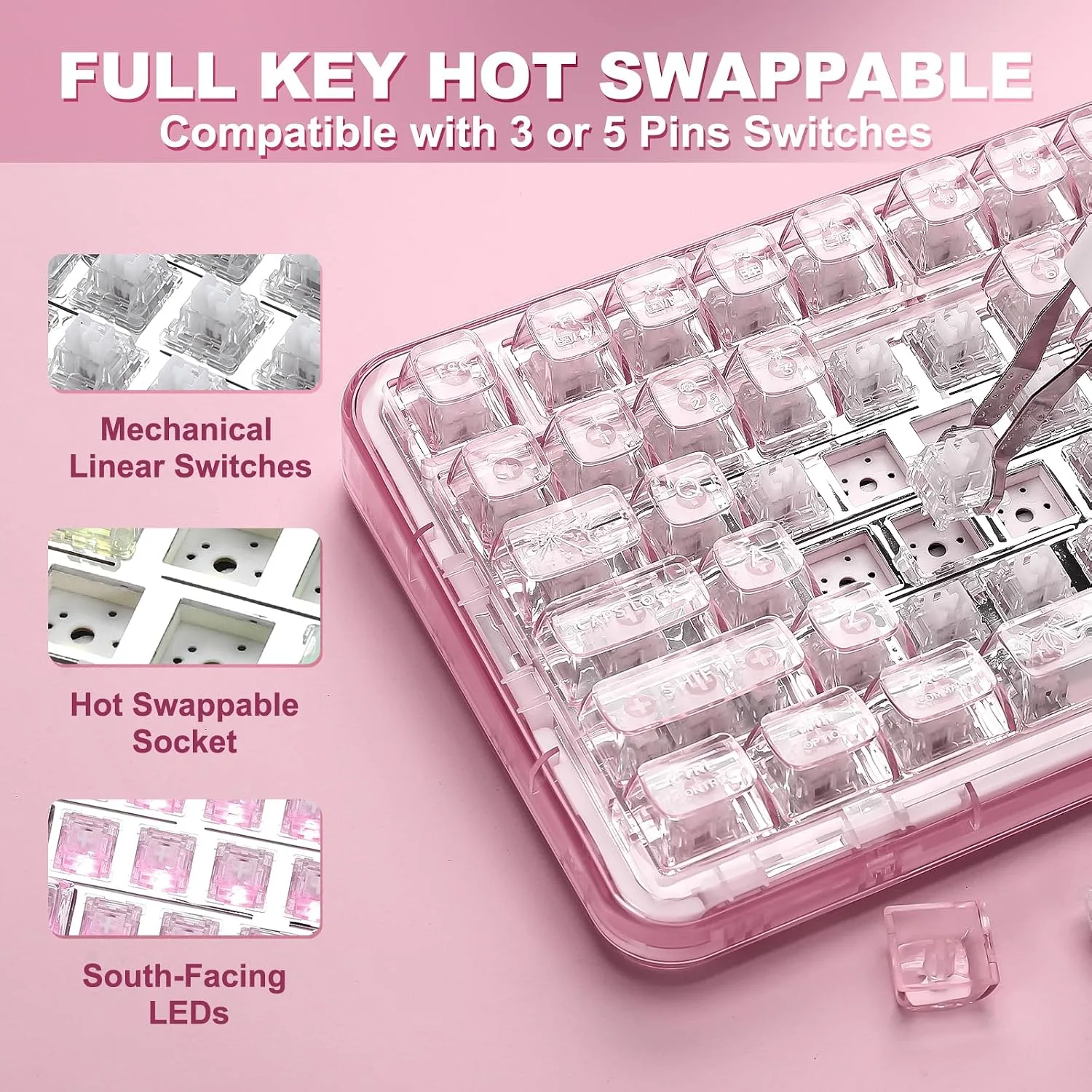 YUNZII X98 Clear Wireless Mechanical Keyboard with Knob (Pink, Snow Switch)