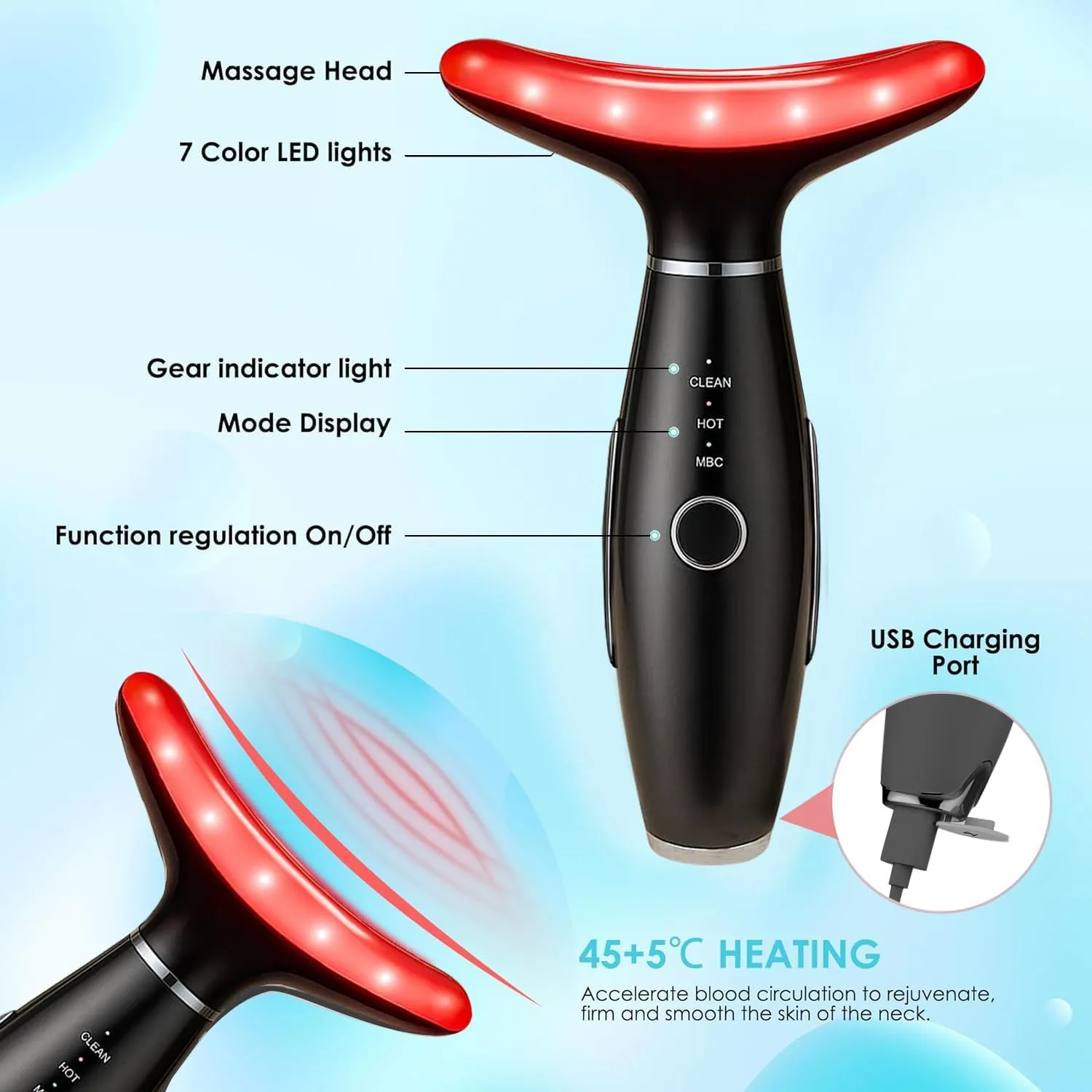 Face Massager -7 Color Red-Light-Therapy for Face and Neck for Wrinkles, Double Chin, Vibrating Facial Massage (Black)