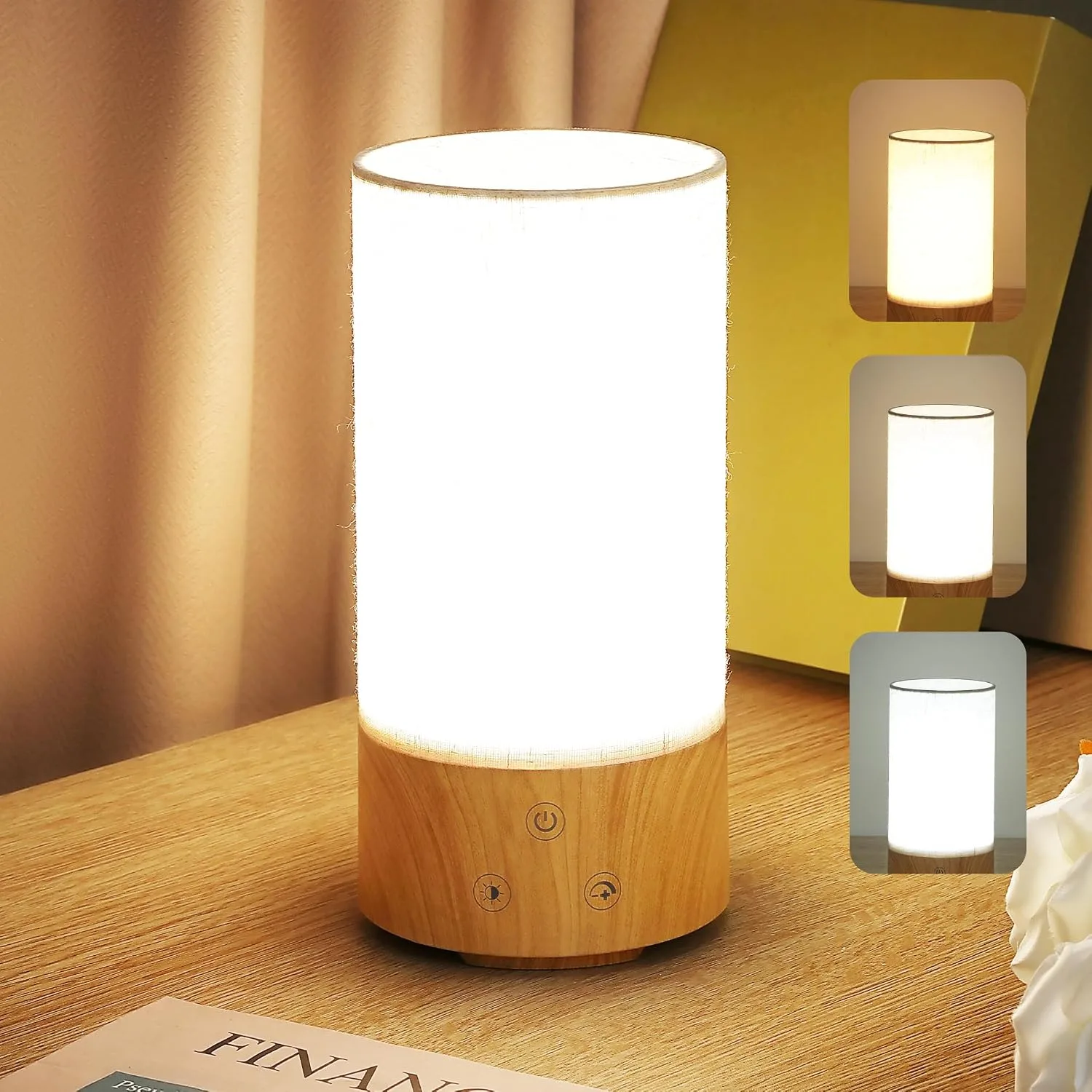 Caromolly Light Therapy Lamp, Happy Lamp 10,000 LUX UV Free with 3 Color Temperature & 5 Brightness Level, Full Spectrum Light Wood Base Round Flaxen Fabric Shade for Home, Office, White Linen