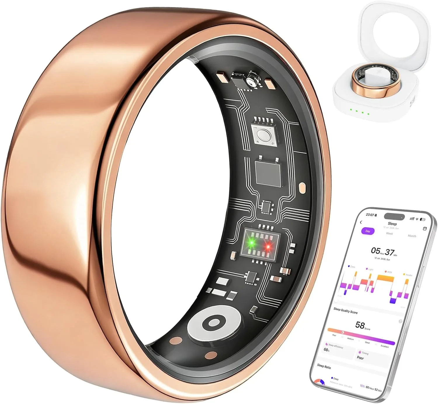 Smart Ring for Women & Men, Fitness Ring with Heart Rate, Sleep Monitor & Stress, IP68 Waterproof Sleep Ring, No APP Subscription (New Rose Gold, 7)