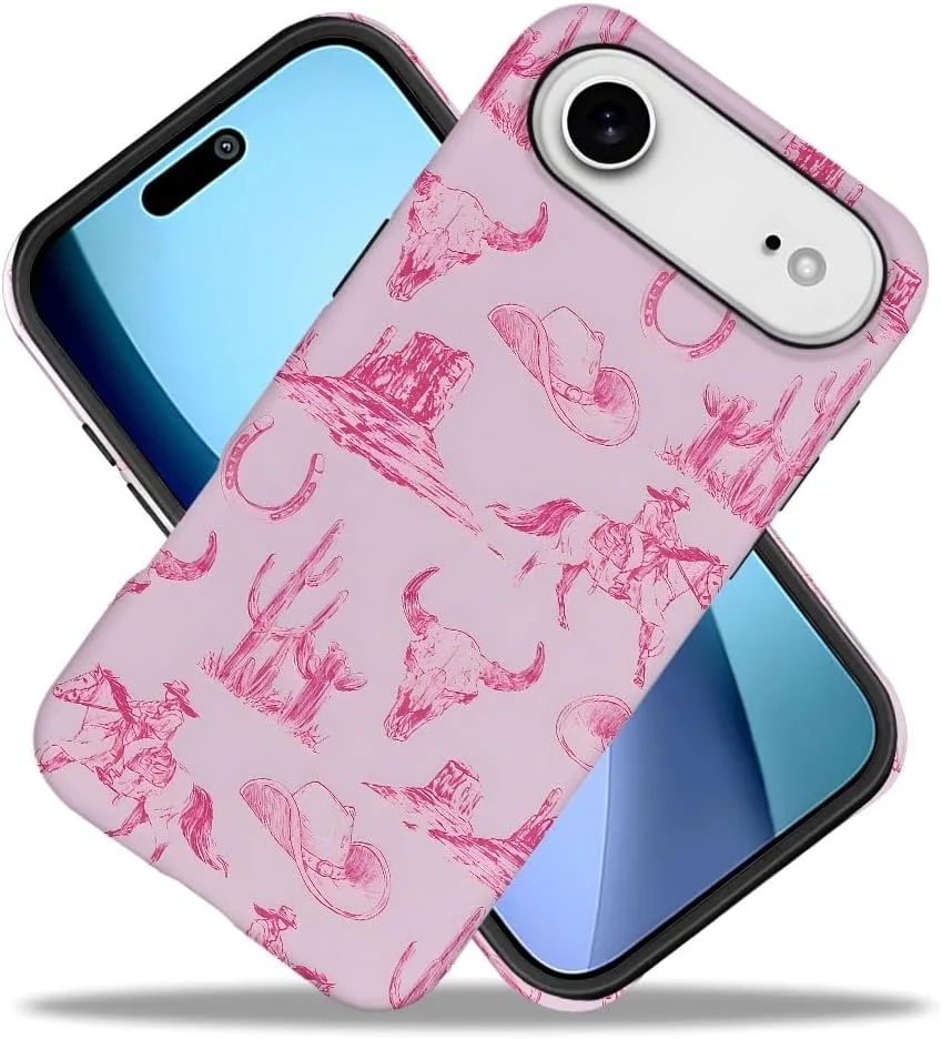 Case Compatible with iPhone 17 Air,Fall Prevention Hybrid 2-Layer Hard Shell Phone Cover for Girls Boys,Pink Hat Horse Western Cowboy