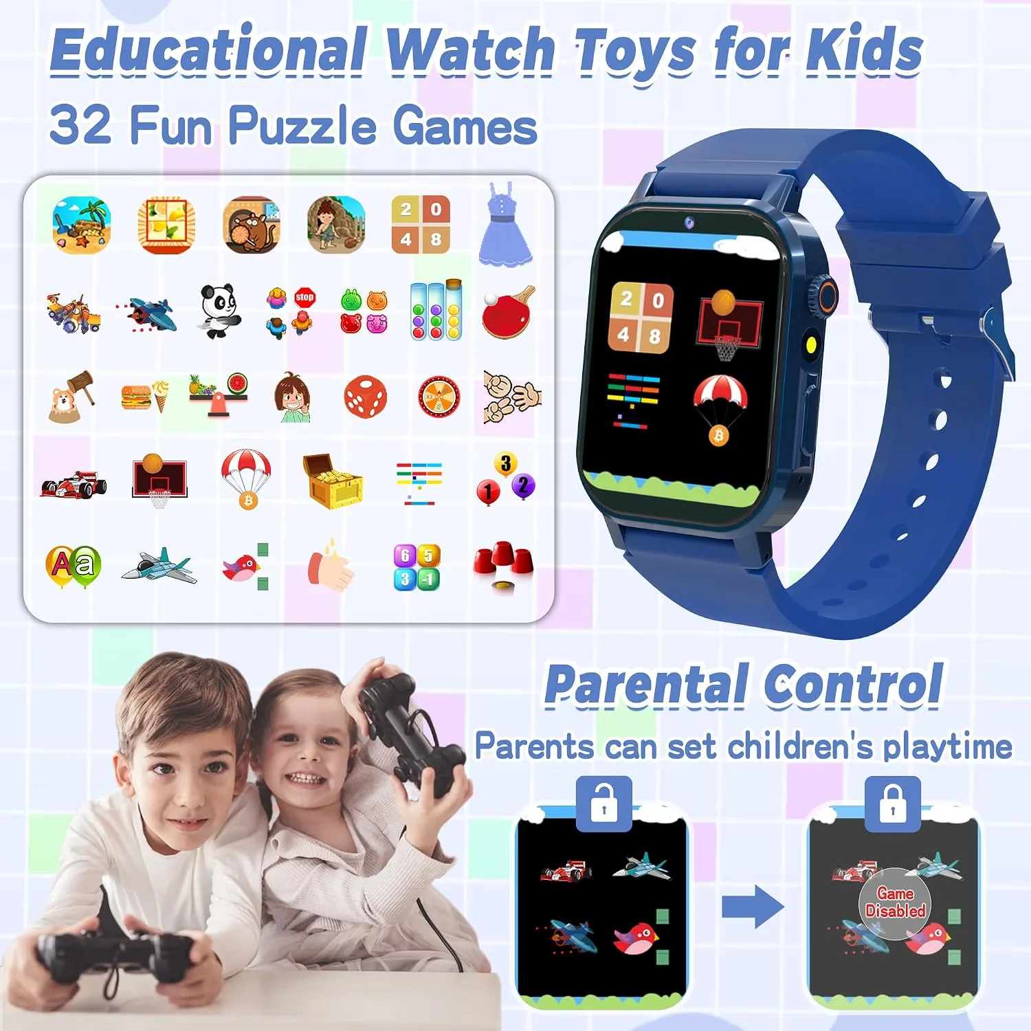 Kids Smart Watch Boys Ages 3-12 with 32 Puzzle Games, HD Camera, Pedometer