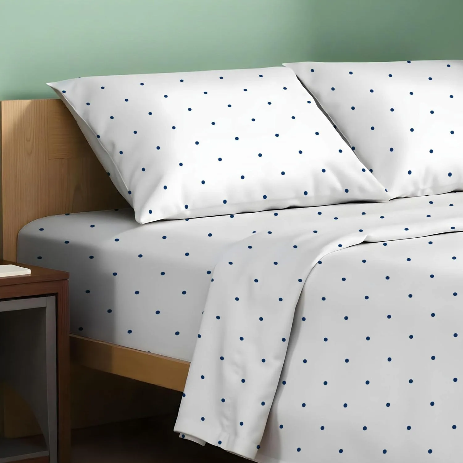 TEXAS LINEN CO. 100% Organic Cotton Percale Sheets King Size - 4 PC Organic Cotton King Size Percale Printed Sheet Sets, Soft, Crisp, Cooling Sheets, 16" Deep Pocket Hotel Bed Set - Navy Polka Dot