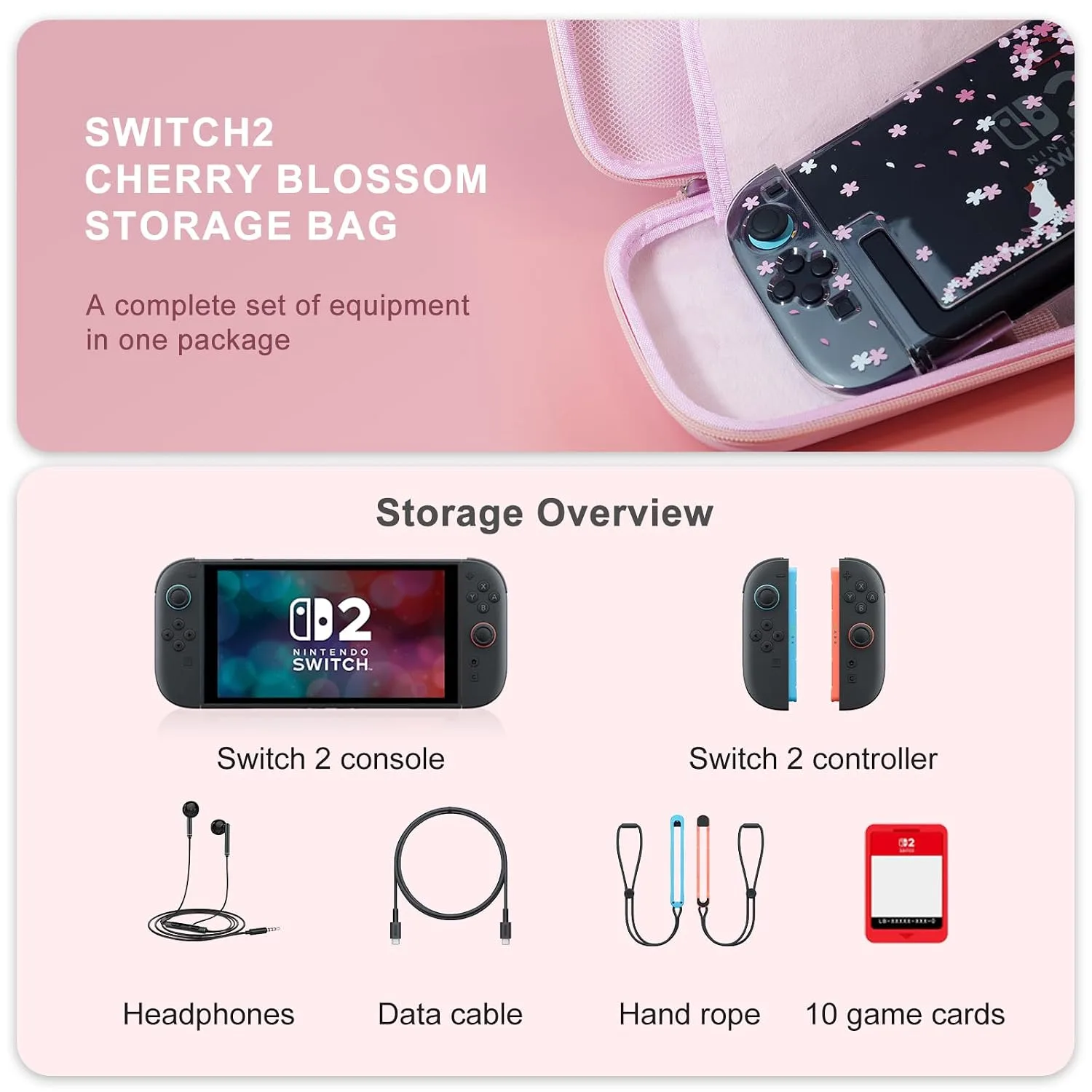 Pink Travel Carrying Case Accessories Kit Compatible with Nintendo Switch 2 (2025).Pink Switch 2 Hard Protective Cover,Adjustable Stand,Screen Protector & Cute Thumb Grips 10 in 1 Gift.