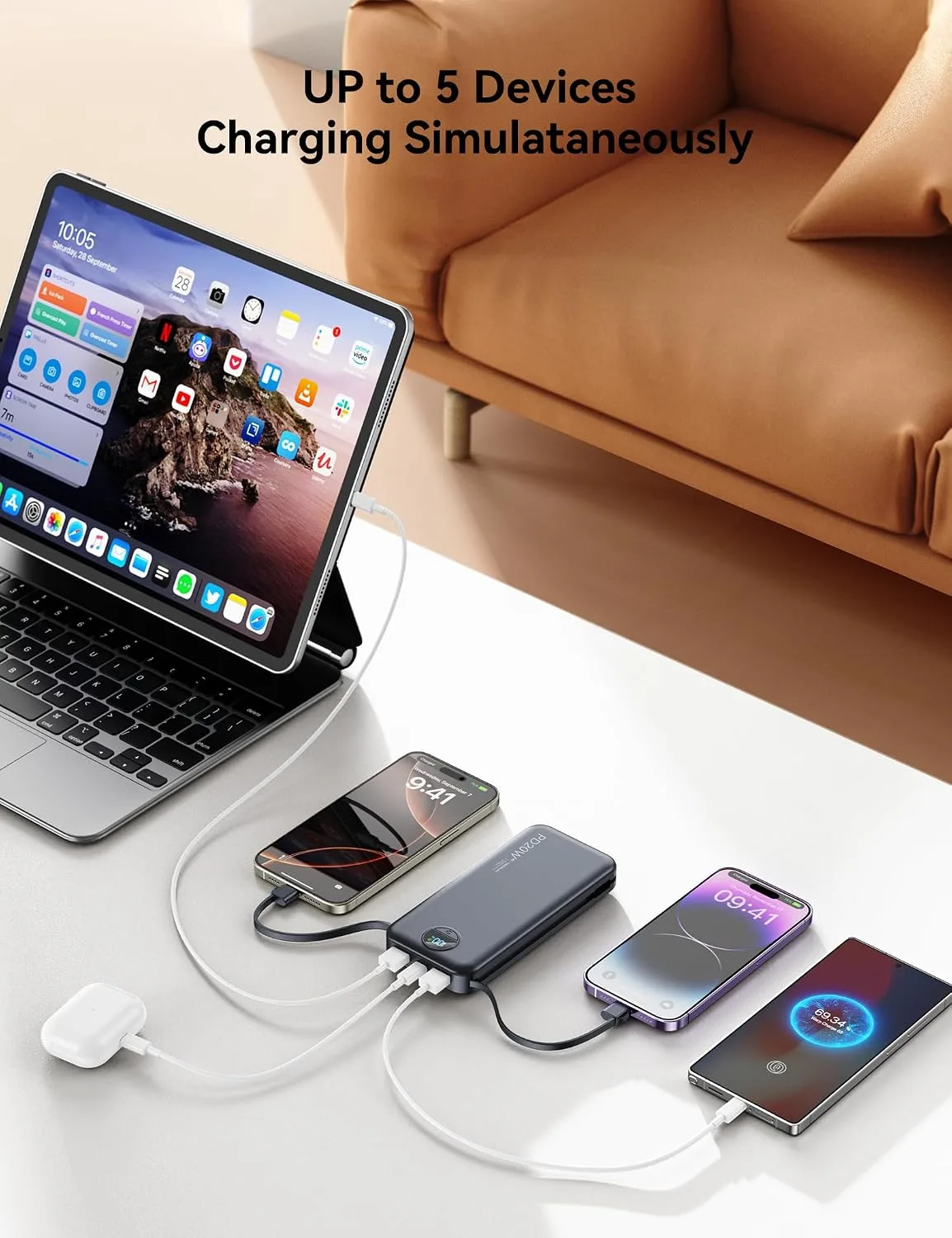 Portable Charger Power Bank 10000mAh with Built in Cables & Wall Plug