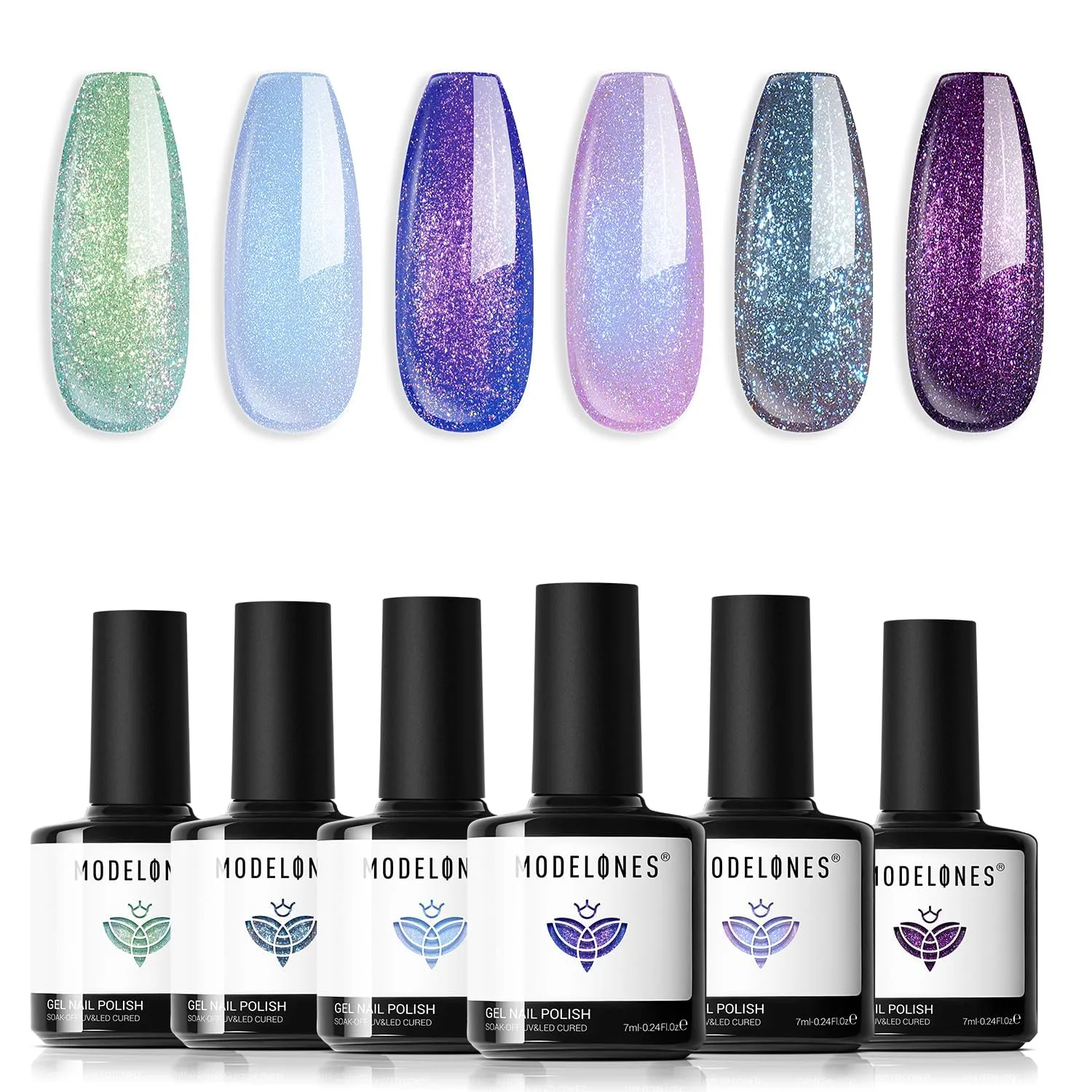 modelones Gel Nail Polish Set Glitter Chameleon 6Colors Blue Green Purple