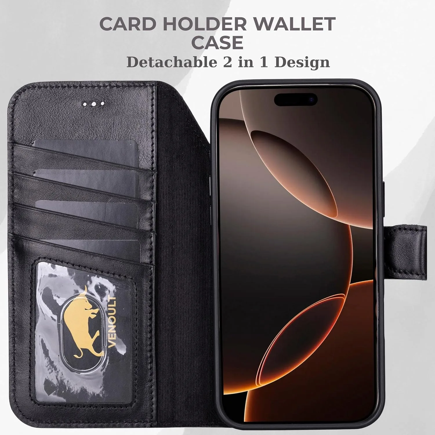 VENOULT Wallet Case for iPhone, Full Grain Genuine Turkish Leather, Magnetic Detachable, RFID 4 Card Slots, Business Style, Compatible with MagSafe (Rustic Black, iPhone 16 Pro MAX)