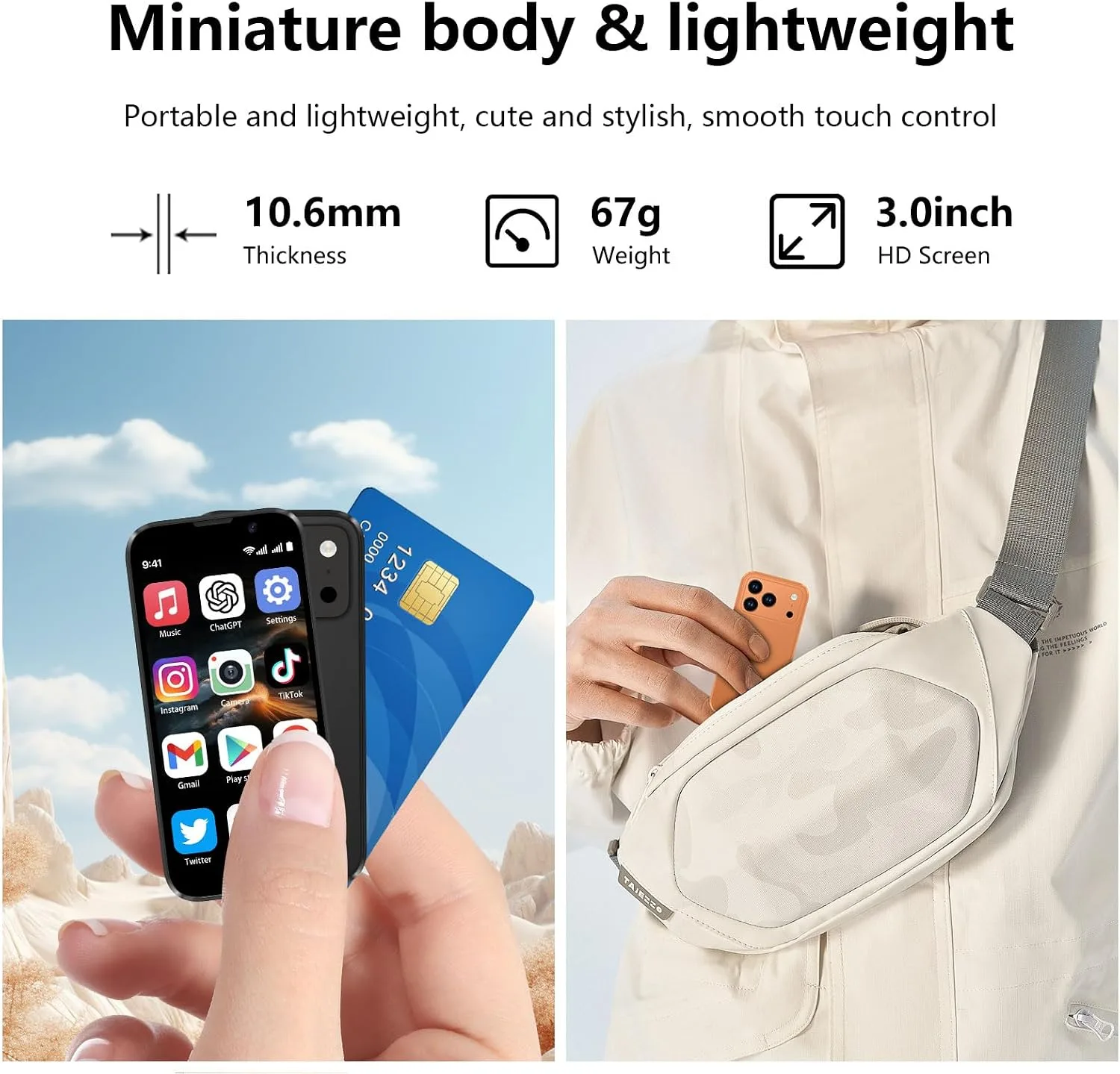 Mini Smartphone 3.0" HD Touchscreen - Unlocked Android Compact Mobile Phone for Kids & Students | Smallest Cell Phone for Travel Backup & Digital Detox | WiFi, GPS, Face ID, Dual SIM, 2GB+16GB, Blue