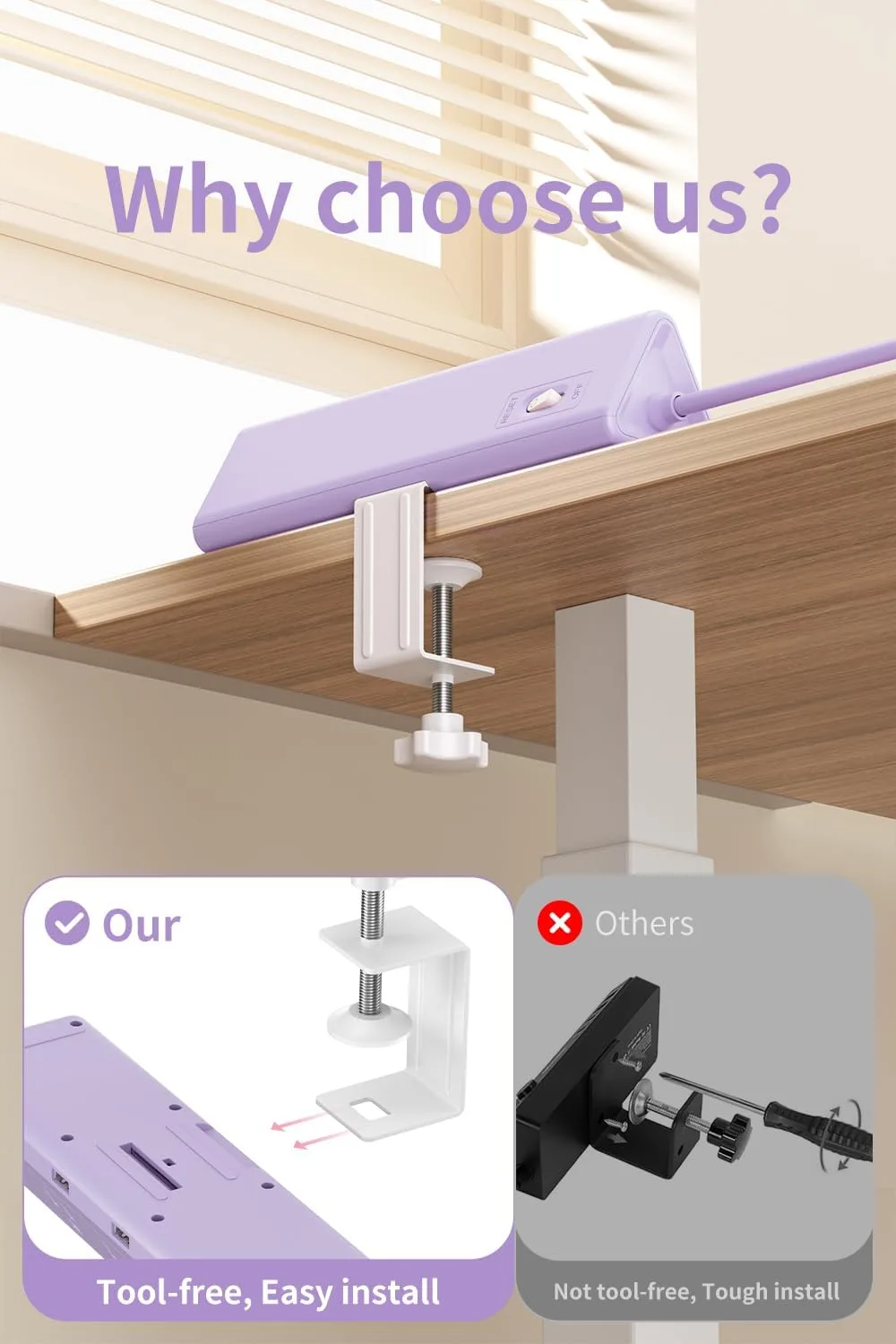 AnnTane Desk Clamp Power Strip USBC, 40W Fast Charging, 6.5 Ft, Purple