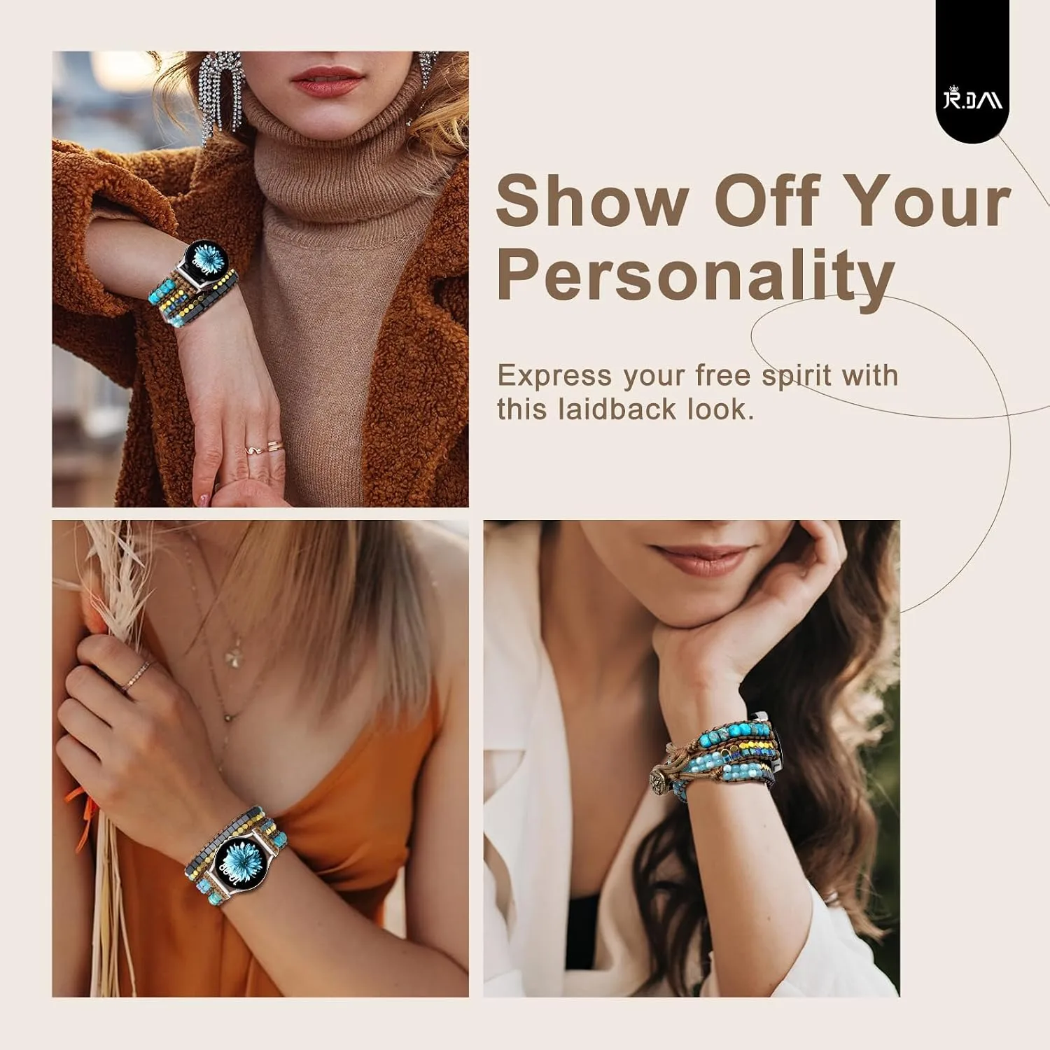 JR.DM Boho Beaded Handmade Braided Bracelet Band Women 20mm Compatible with Samsung Galaxy Watch 7/6/5/4/Active 2/4 Classic/6 Classic/5 Pro/FE 40mm 42mm 43mm 44mm 45mm 46mm 47mm