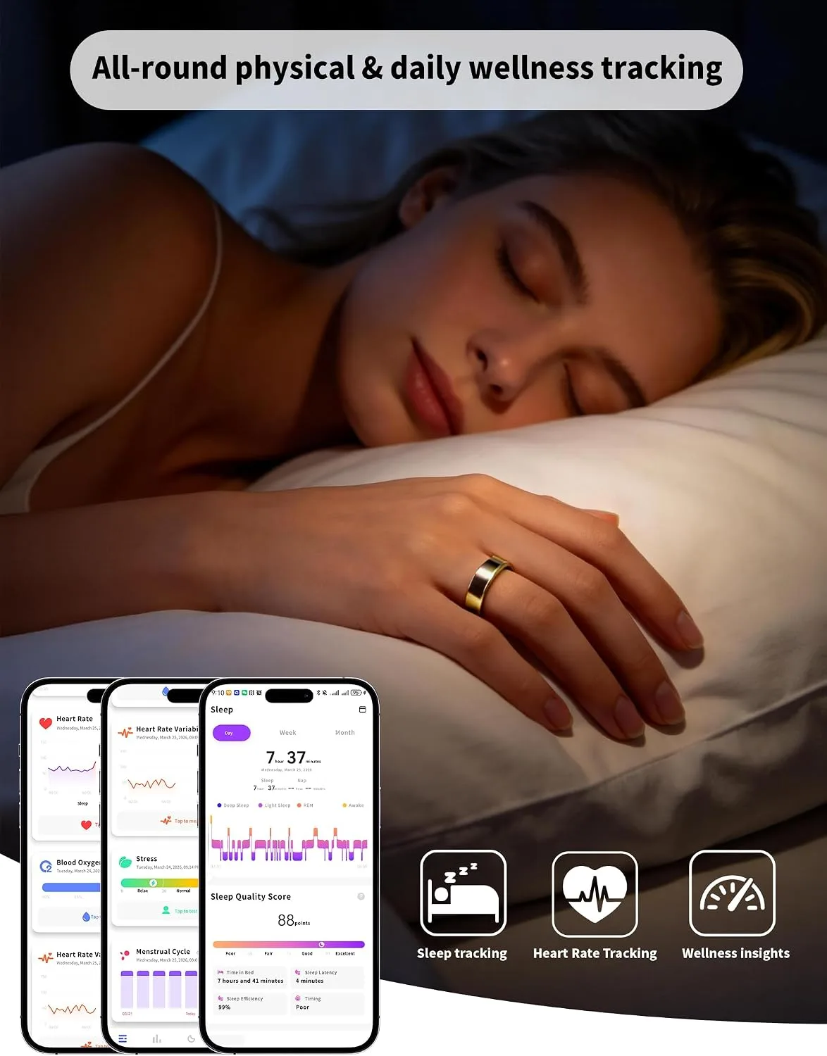 Smart Ring for Women Men Fitness Tracker Heart Rate Sleep Trends 128 Sports Modes Gesture Control Cycle Tracking IP68 Waterproof No Subscription Compatible with iPhone Android (Gold, Size 9)