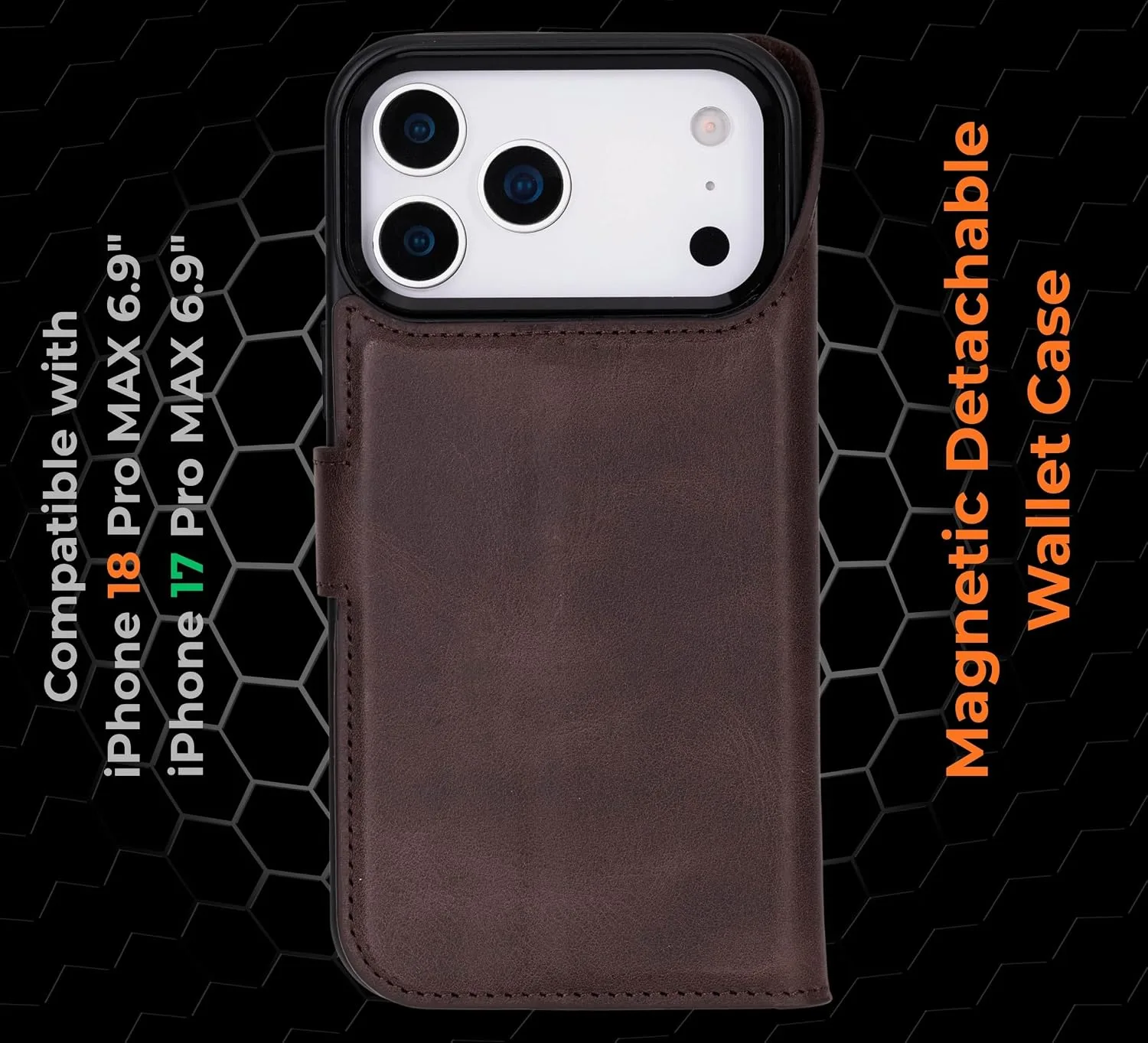 VENOULT Wallet Case for iPhone, Full Grain Genuine Turkish Leather, Magnetic Detachable, RFID 4 Card Slots, Business Style, Compatible with MagSafe (Chocolate, iPhone 17 Pro MAX)