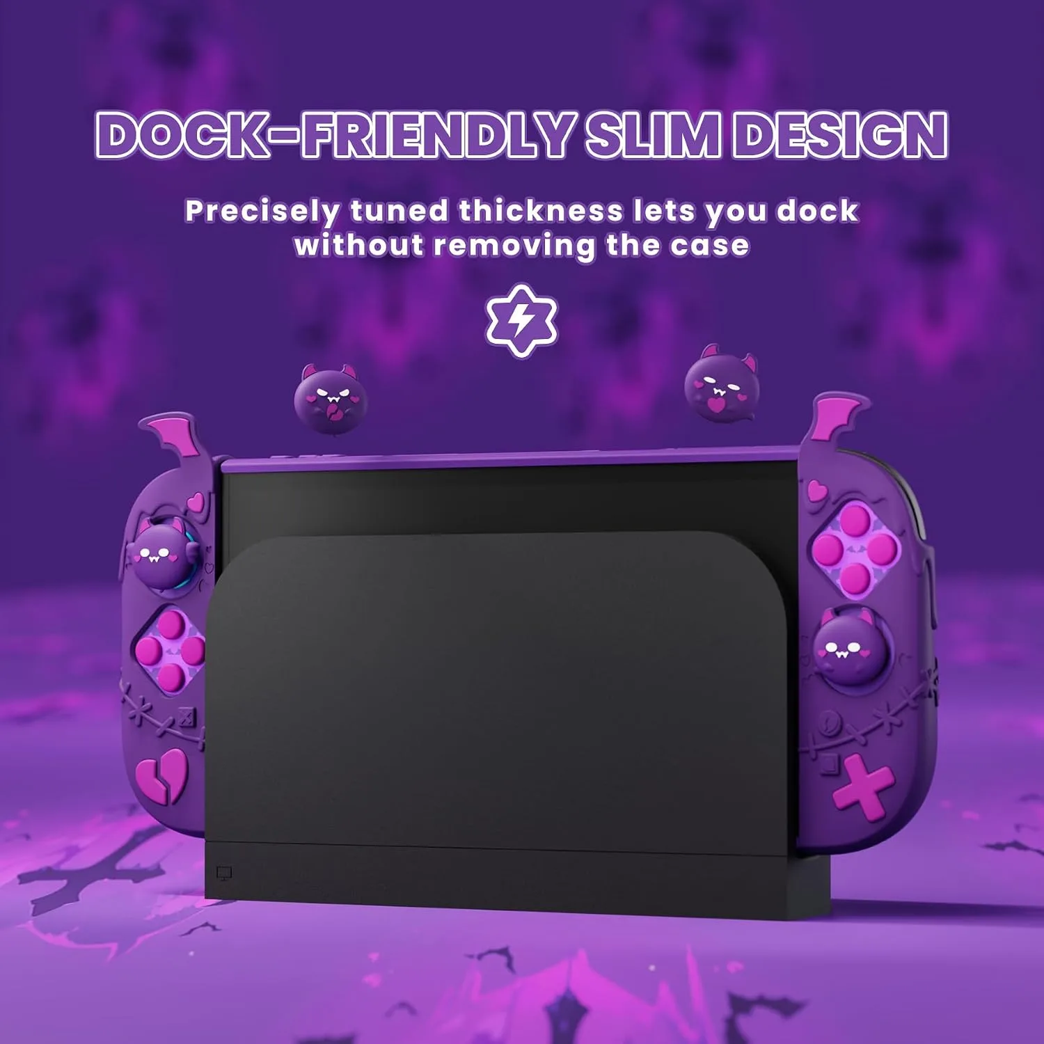 PlayVital Protective Case for Nintendo Switch 2, Kawaii Gothic Imp Series Silicone Grips + Dockable Hard Case Shell for Switch 2 with Thumb Grips & Sticker, Shockproof Protection Cover - Purple