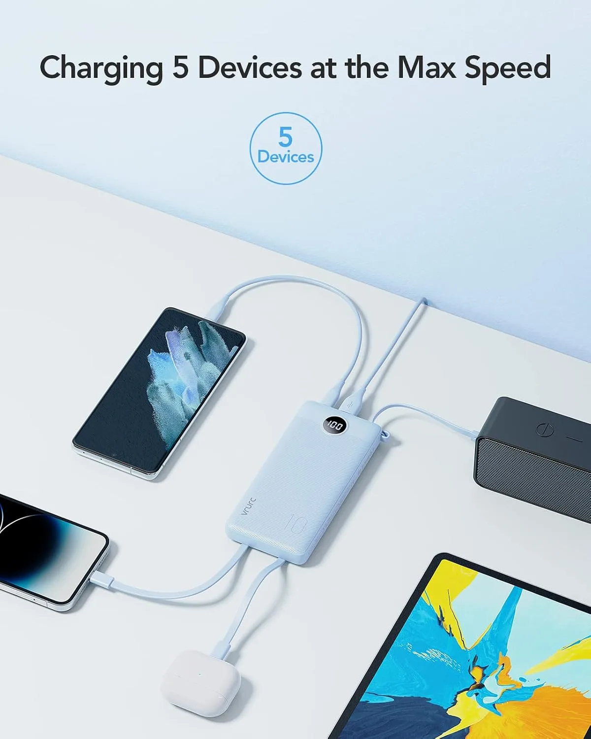 VRURC Portable Phone Charger, Built in 4 Cables USB C Power Bank 10000mAh