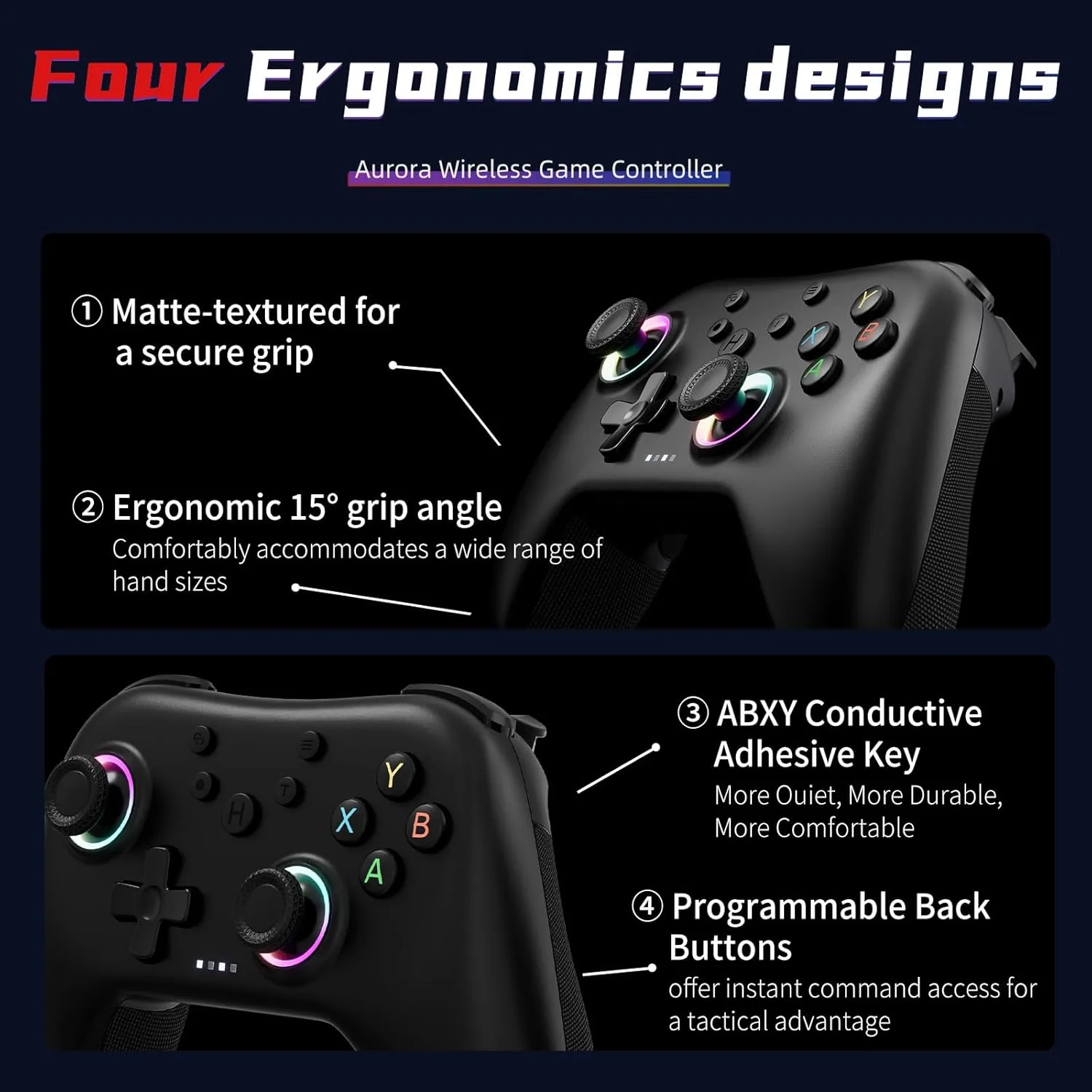 AceGamer Aurora II 2.4G Wireless Bluetooth Controller for PC/Android/Switch/iOS/Switch 2/Steam Deck with Rotary Motors, RGB Hall Effect Joysticks - Upgraded PC Gaming Controller and Back Buttons Lock