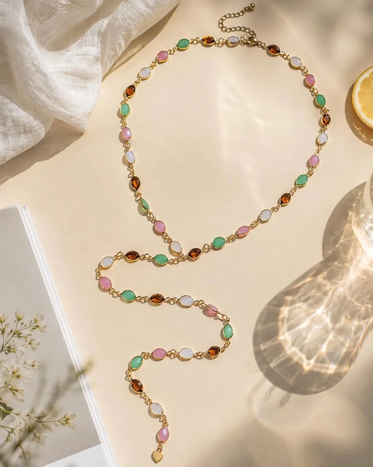 Colorful Y Shaped Necklace for Women Trendy Long Multi Color Crystal Lariat Necklace Sparkly Gemstone Chest Chain Summer Deep V-Neck Dress Outfits Jewelry Accessories
