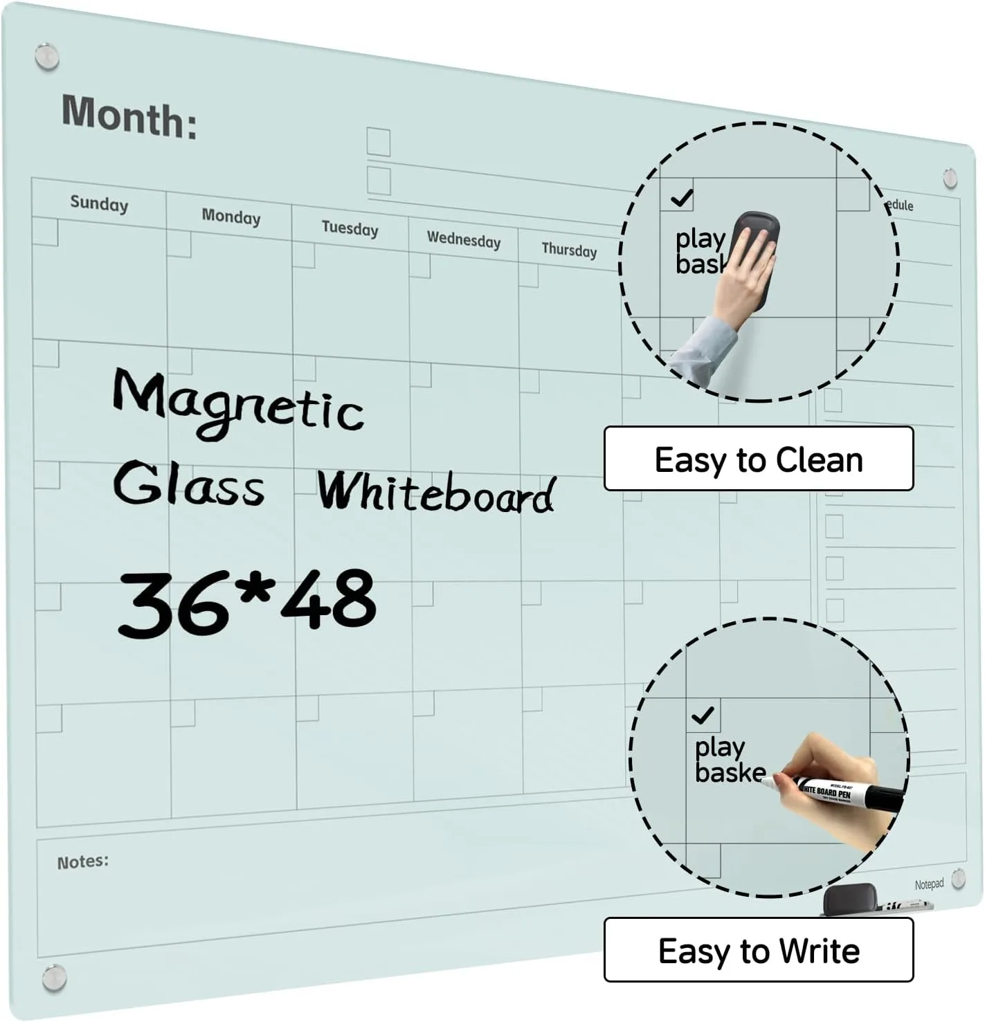 Magnetic Glass Dry Erase Board Calendar- White Board 48 x 36 Inch Wall Mounted Monthly Whiteboard, Large Frameless Glass White Board for Wall Office, Home & School