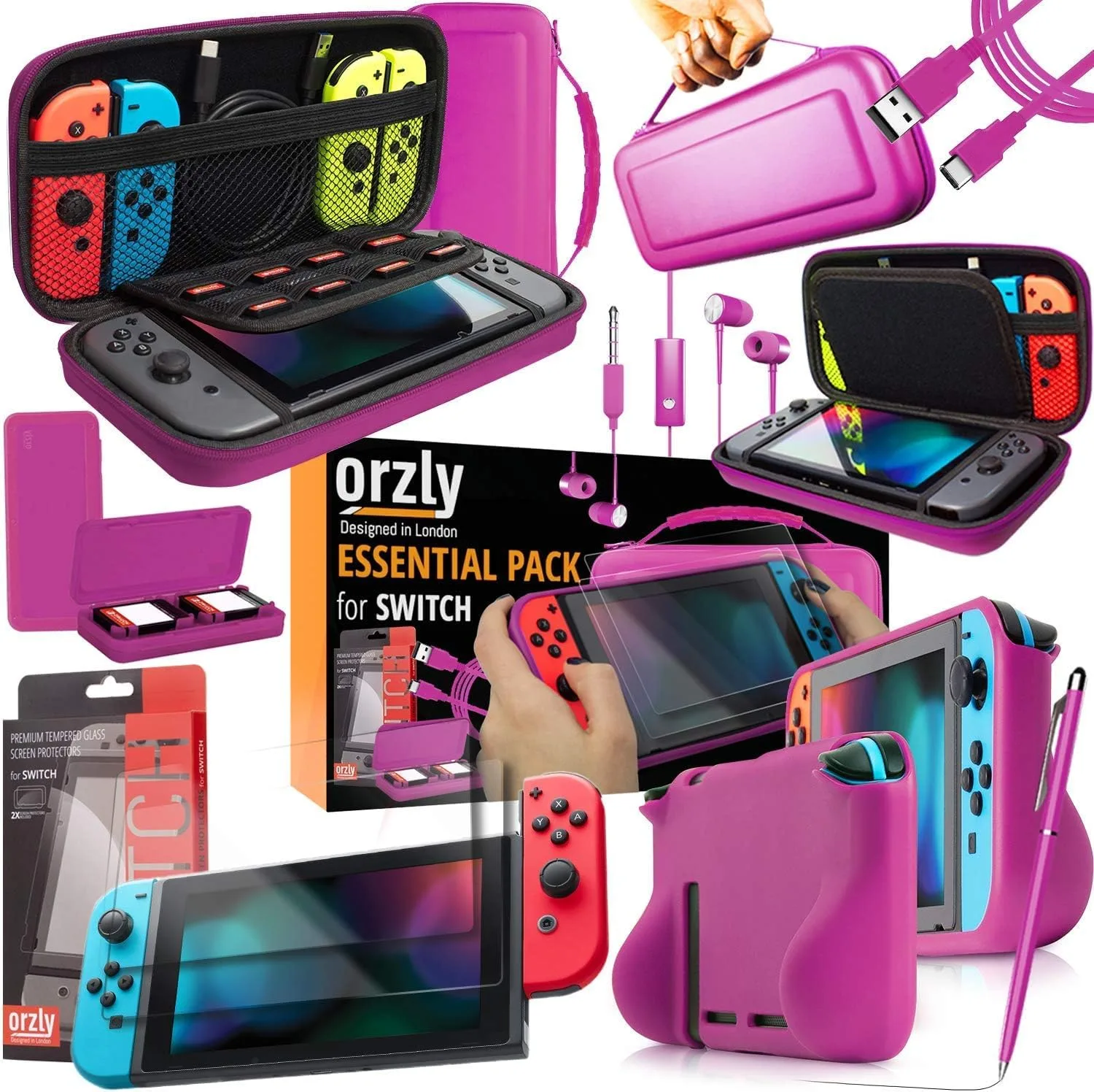 Orzly Switch 2 Accessories Bundle Carry Case & Screen Protector for Nintendo Switch 2 (2025) Console, TravelCase, Screen Protection, Grip Case, USB-C Cable, Games Holder, Headphones, Thumbgrips