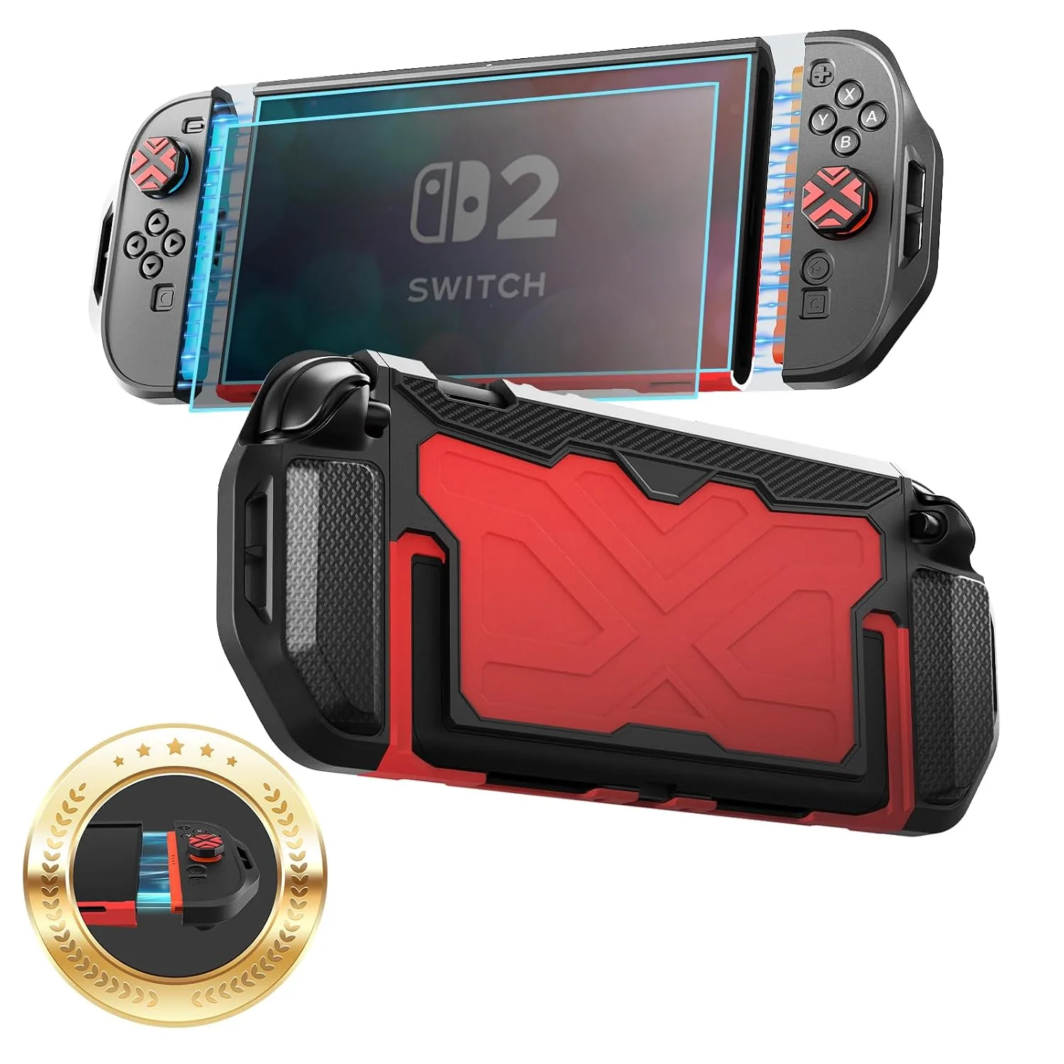 Toladoshop Dockable for Switch 2 Grip Case (2025) Accessories, Armor Slim Military-Grade Protection for Detachable 3PCS Design Joncon Holder with Screen Protectors and Joystick caps, Red