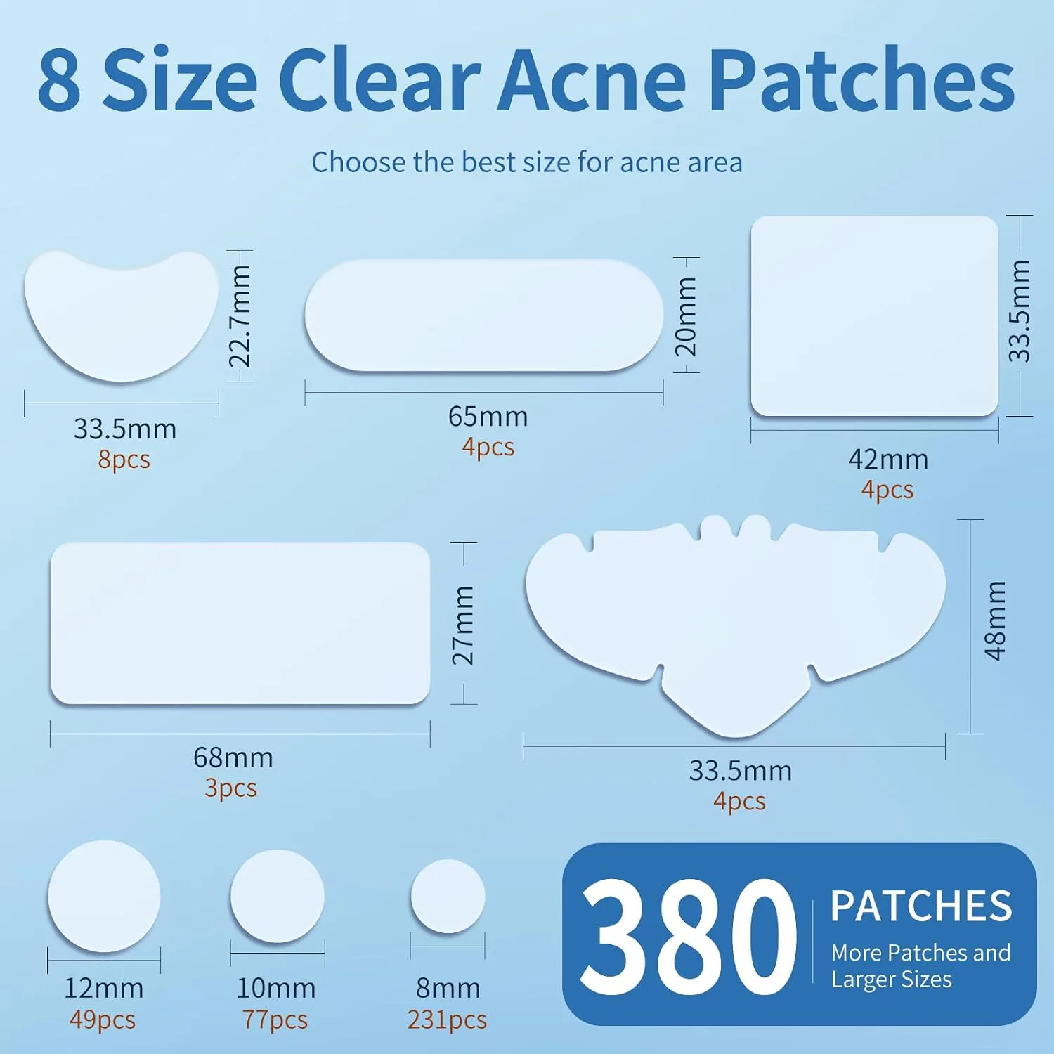 QUSTERE Large Pimple Patches for Face, Hydrocolloid Acne Patches, Big Hydrocolloid Bandages, Variety Shapes Zit Covers, Stickers with Tea Tree, Salicylic Acid & Cica Oil |8 Sizes |380 Count