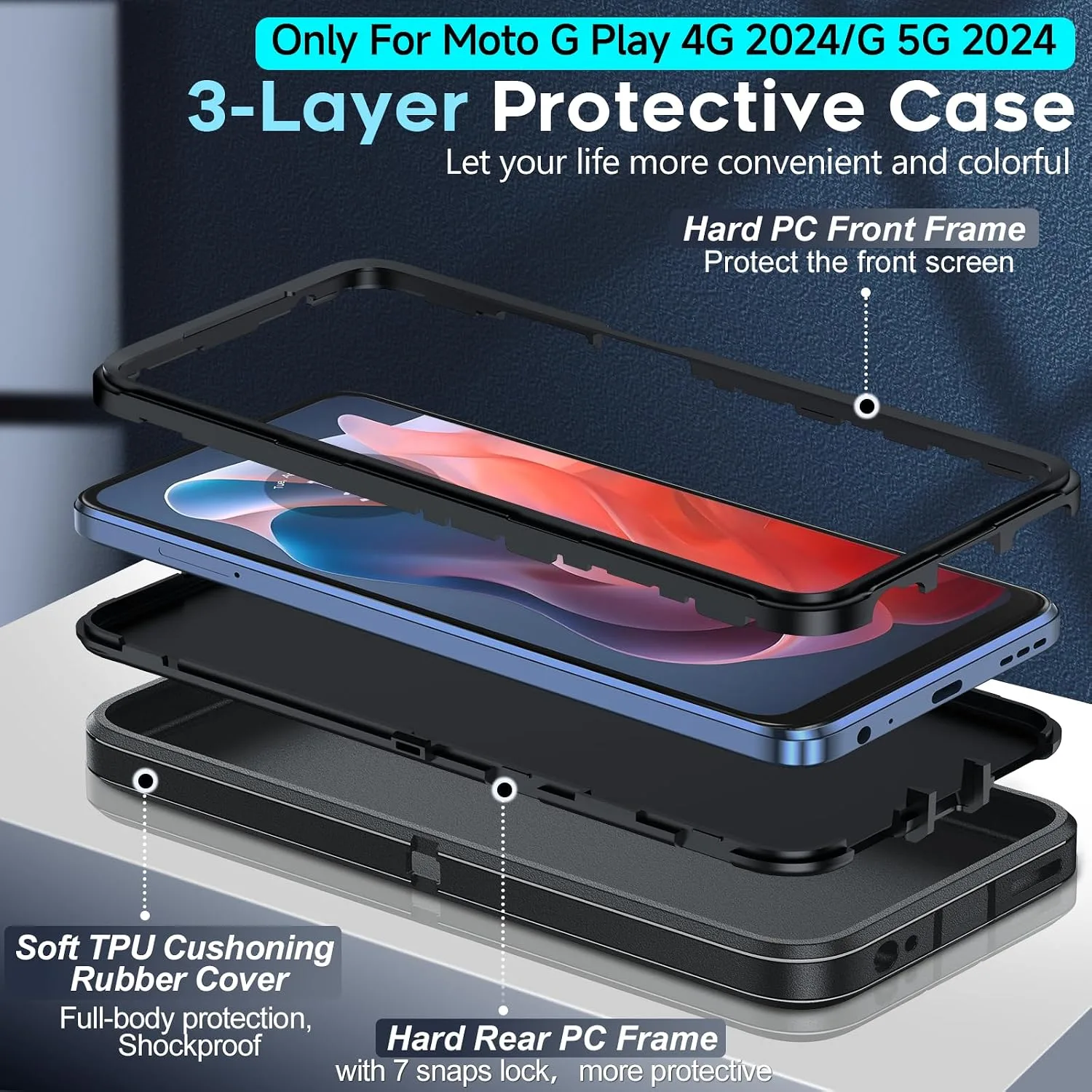 LeYi for Moto-G-5G-2024 Case: 𝗡𝗼𝘁 𝗣𝗹𝗮𝘆, 3-Layer Protection, Black