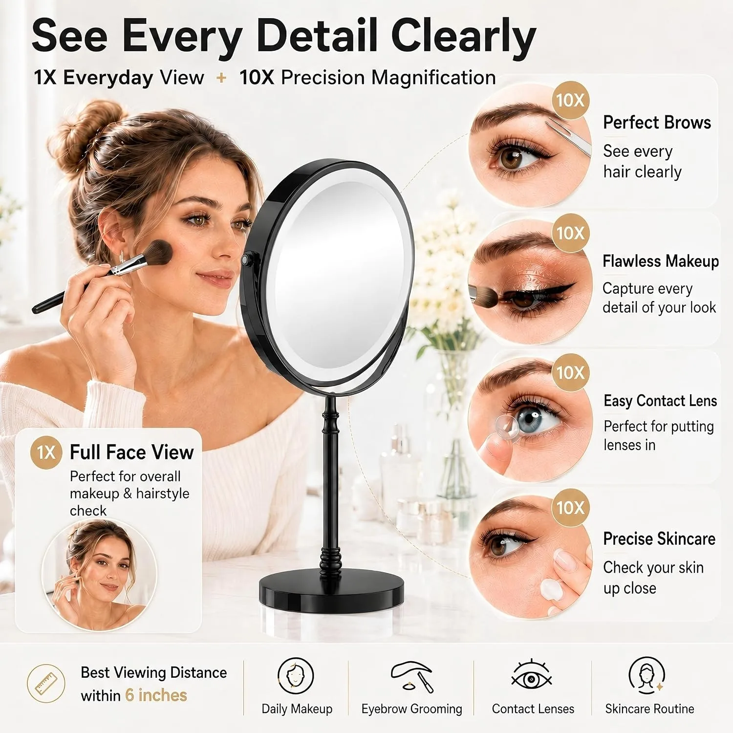 DEIOVWXS Makeup Mirror, Rechargeable Vanity Mirror with 3 Lights, 1X/10X