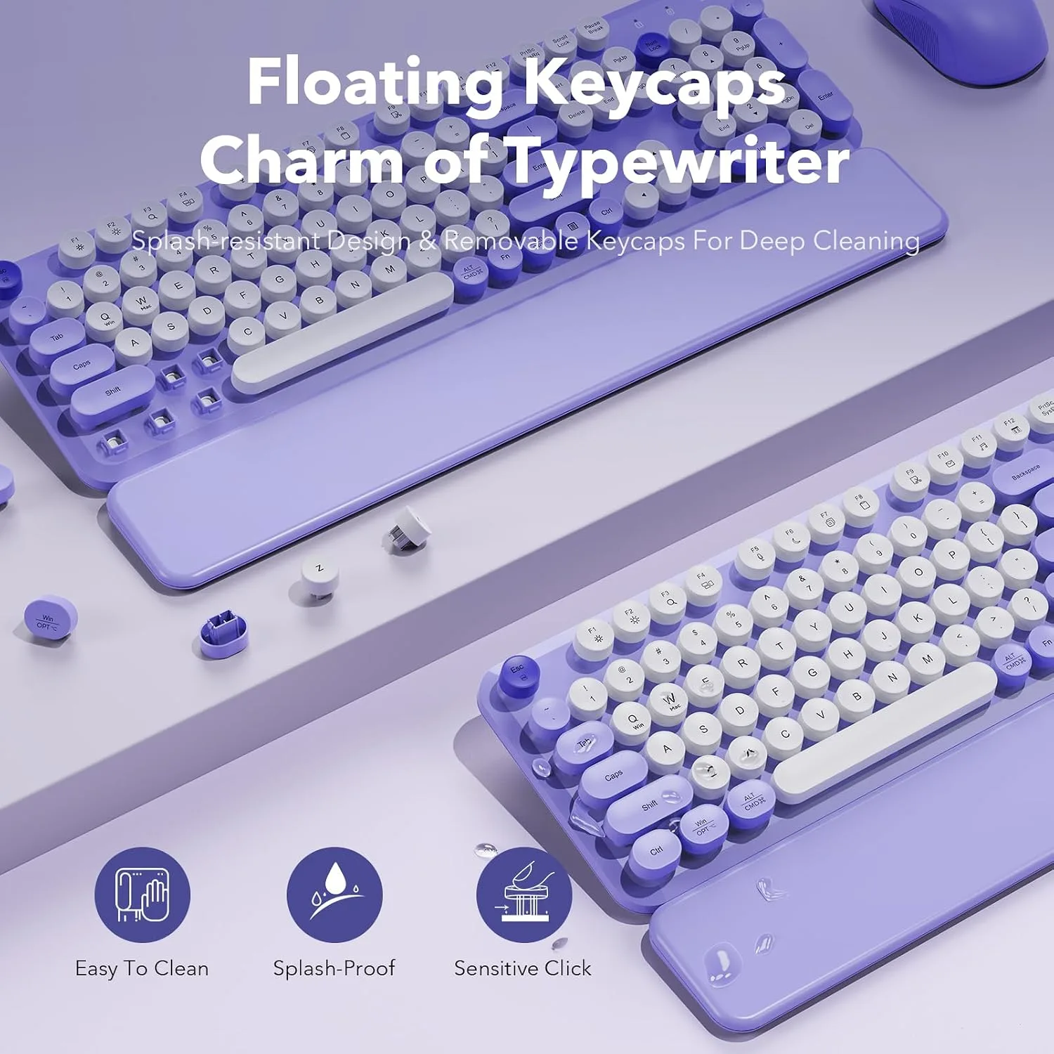 Wireless Keyboard and Mouse, Round Keycaps, Magnetic Wrist Rest, Purple