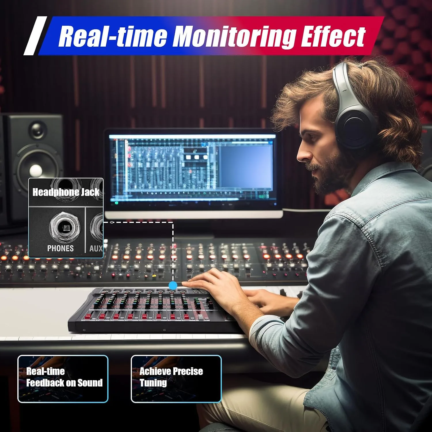 Audio Mixer 8-Channel,DJ Mixer with Bluetooth & 3-Band EQ,Sound Mixer Board with +48V Phantom Power,10-Segment LED,XLR Inputs,Metal Chassis Digital Mixer for Studio Live Music Karaoke