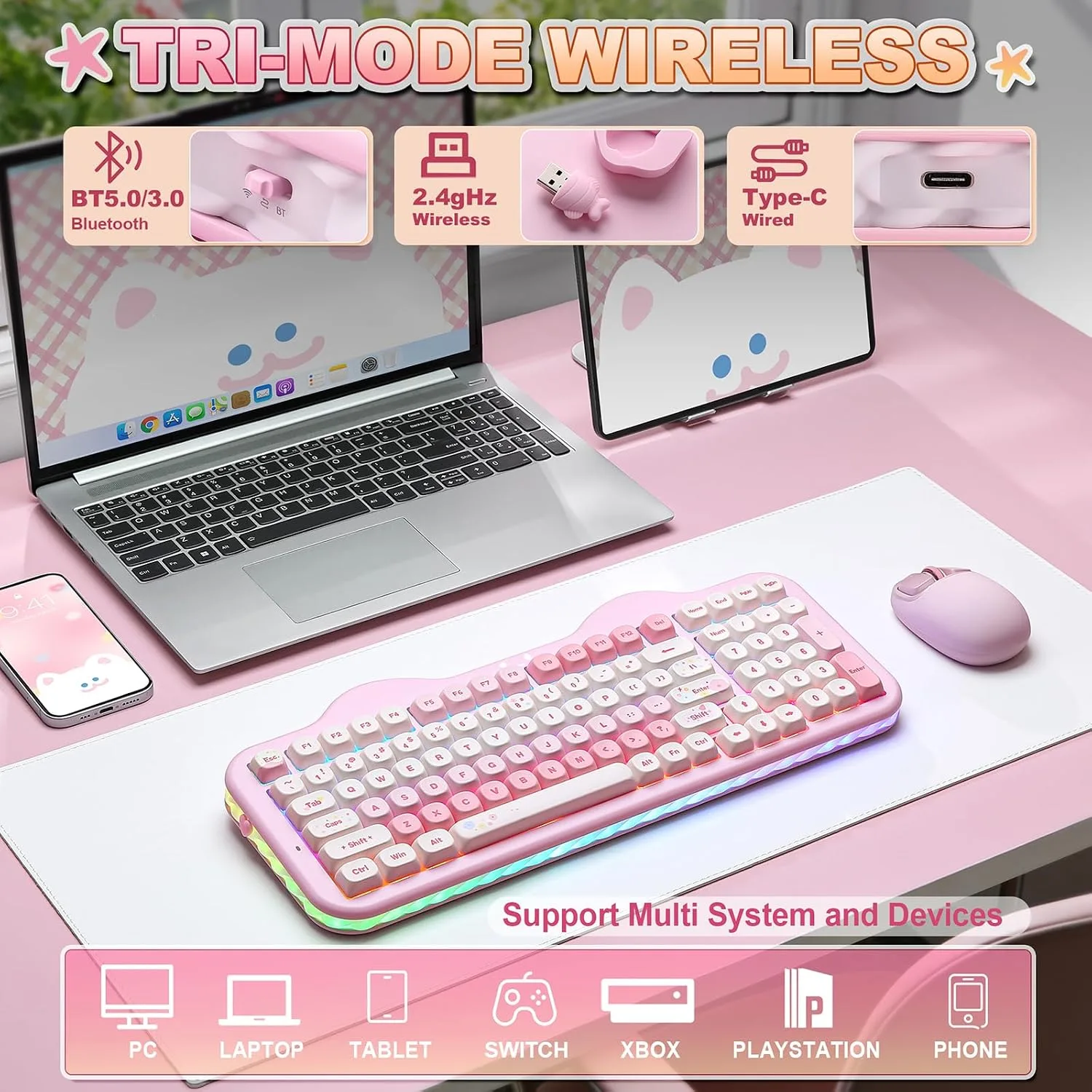 YUNZII C98 Cute Cake Wireless Mechanical Keyboard(Pink, Candy Switch)
