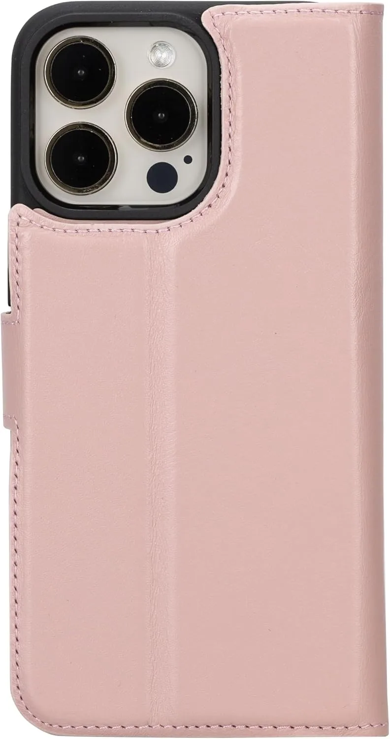 VENOULT Wallet Case for iPhone, Full Grain Genuine Turkish Leather, Magnetic Detachable, RFID 4 Card Slots, Business Style, Compatible with MagSafe (Sweet Pink, iPhone 16 Pro)