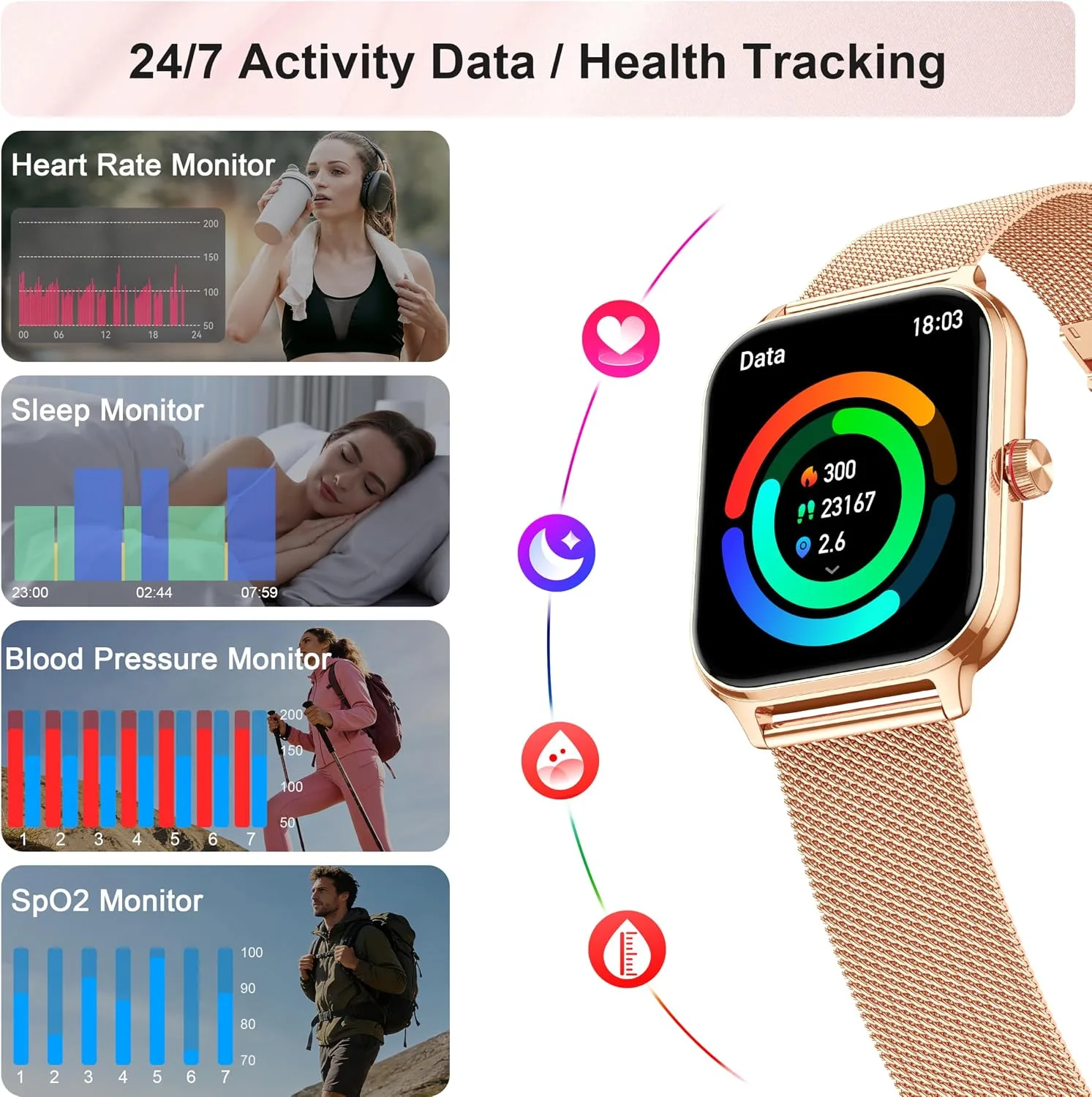 Smart Watch Women Men, Answer/Make Call, 1.96'' Fitness Tracker with Blood Pressure, HR, Sleep Monitor, 110+ Sport Modes Reloj Inteligente para Mujer Smartwatch Compatible with iPhone/Samsung/Android