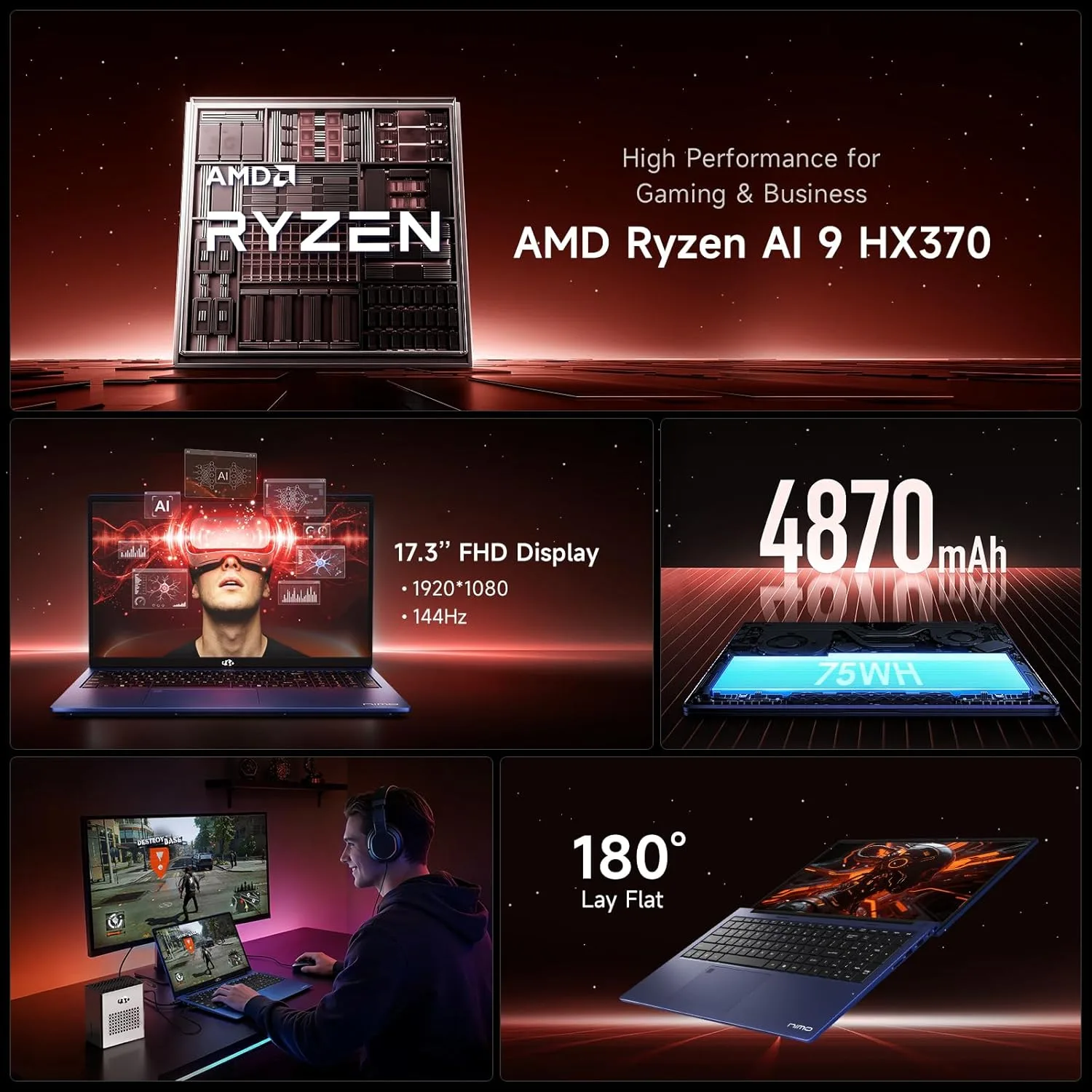NIMO 17.3" AI Laptop, AMD Ryzen AI 9 HX 370, 64GB RAM, 2TB SSD