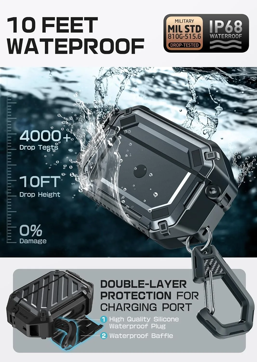 SUPCASE for AirPods Pro 2/1 Case with IP68 Waterproof, Lock&Carabiner,Black