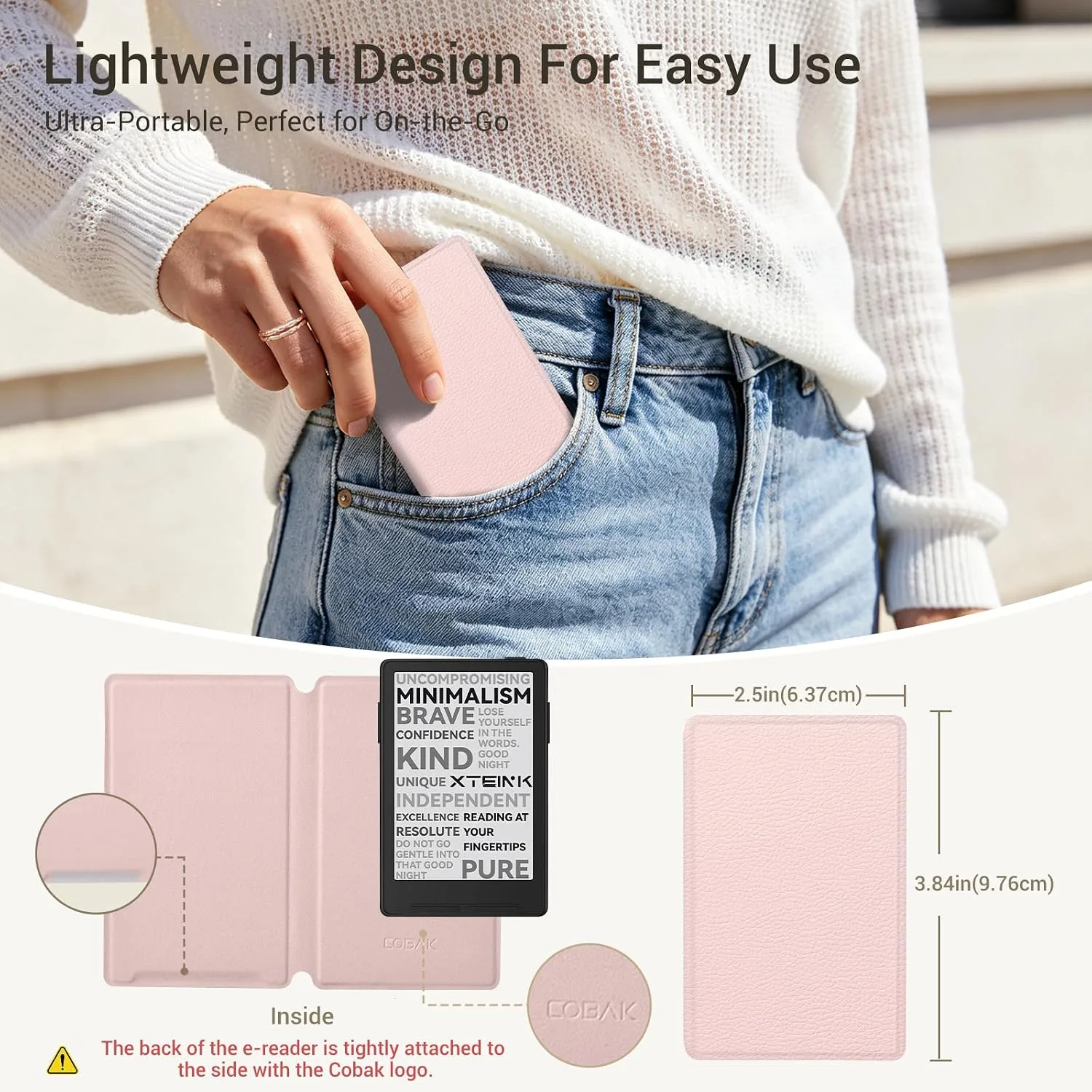 CoBak Magnetic Case for XTEINK X3 eBook Reader, 3.7" Ultra-Lightweight PU Leather Cover(Pink)
