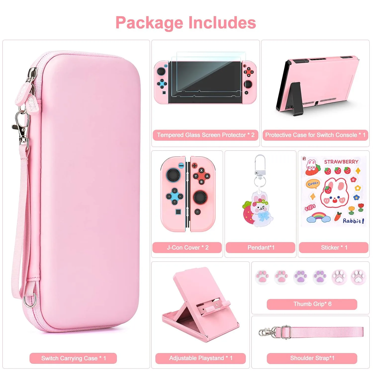 Younik Switch Accessories Bundle, 17 in 1 Pink Switch Accessories Kit for Girls Include Switch Carrying Case, Adjustable Stand, Protective Case for Switch Console & J-Con Pink