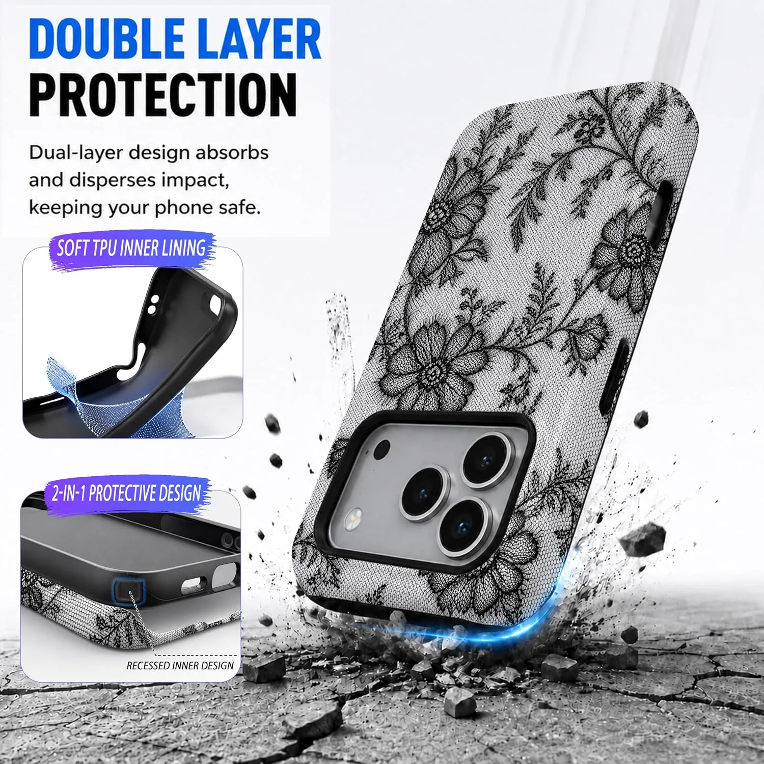 Magnetic for iPhone 17 Pro/18 Pro Black Lace Phone Case, Flower