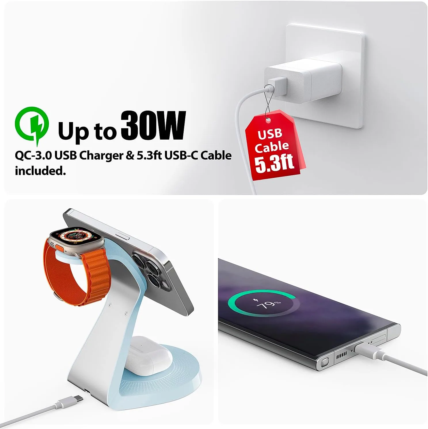 3 in 1 Charging Station for Apple Devices,Mag-Safe Charger Stand Fast Charging,Wireless Charger for iPhone 16/15/14/13/12 Series,& AirPods,& iWatch(USB Charger Included)
