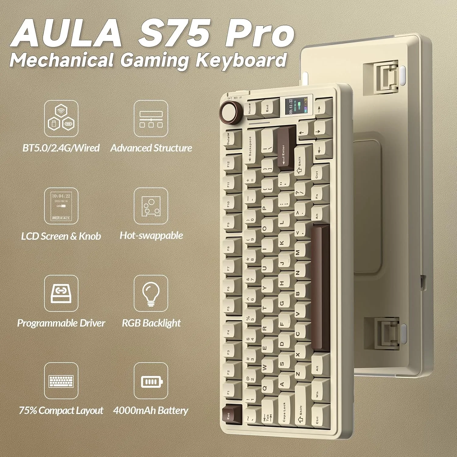 AULA S75 PRO Wireless Mechanical Gaming Keyboard with Screen&Knob, 80 Keys