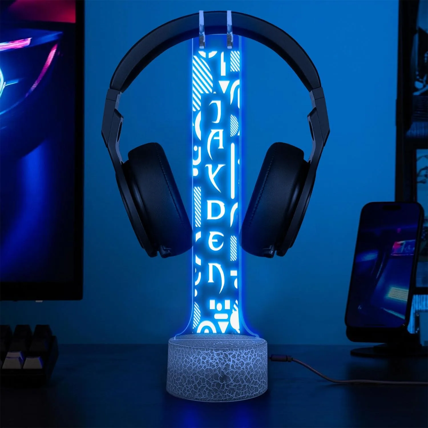 Custom Gamer Headphone Holder with RGB LED Lights, Personalized Name Headset Stand, Valentine Gift for Boyfriend Girlfriend, Gift for Him Her, Game Room Decoration