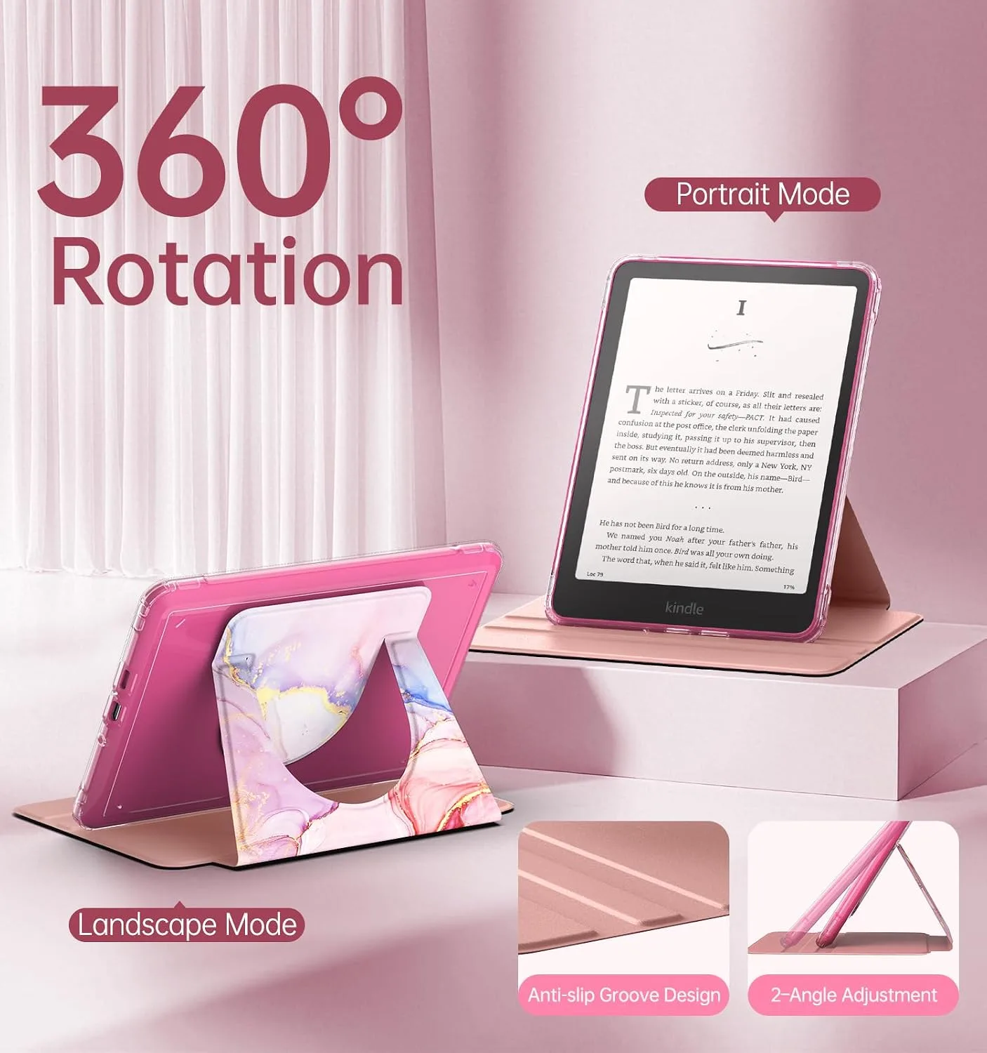 MoKo 360°Rotating Detachable Case for 7" eBook Reader, Pink Fluid